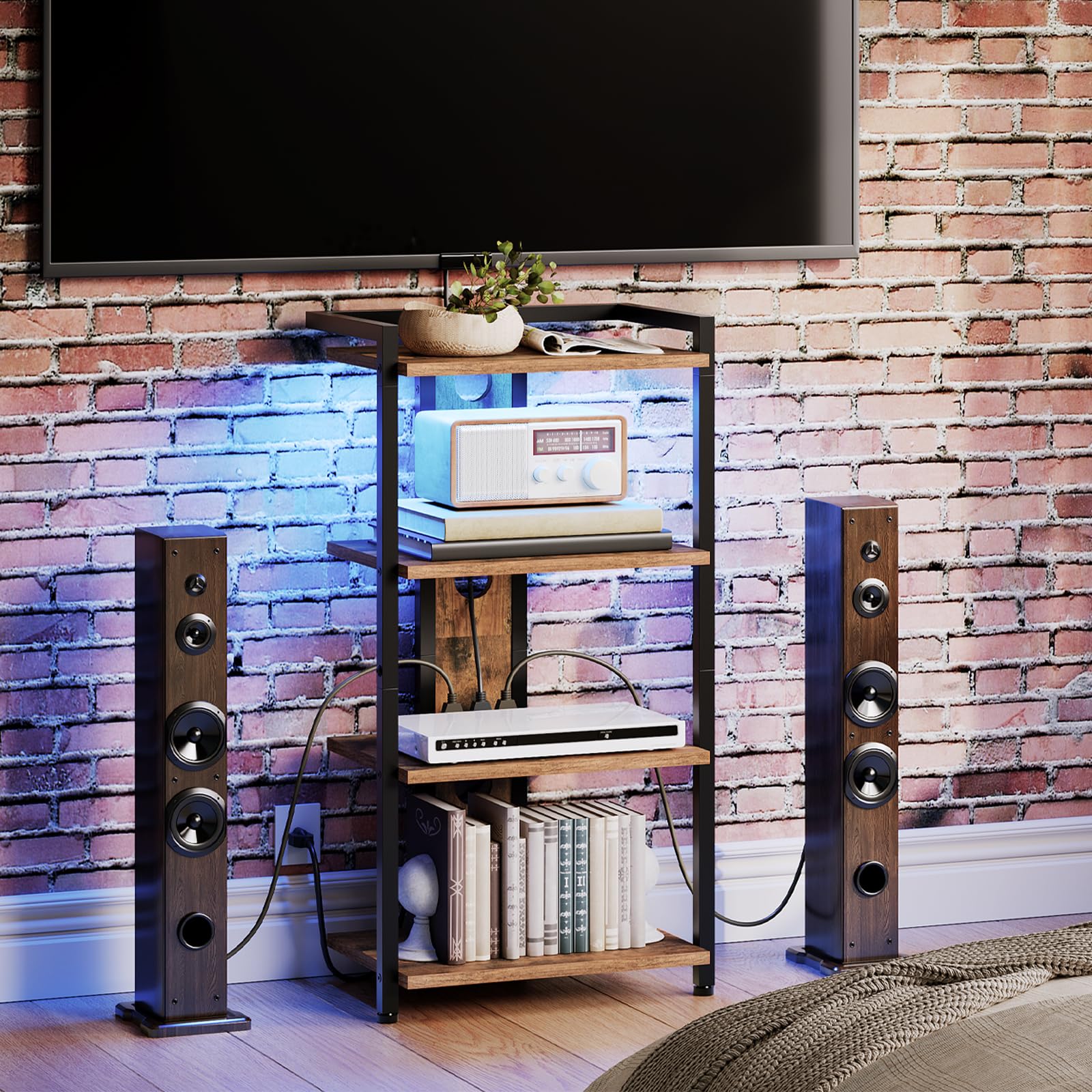 HOOBRO Game Console Shelf, 4-Tier Video Gaming Consoles Stand with Outlet & RGB Light, Audio Rack Tower for Turntable, Stereo Equipment, Wooden Entertainment Storage Stand, Black BB38UDCJ01