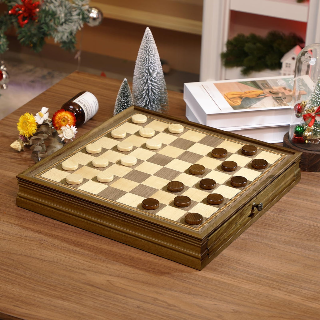 Peradix Magnetic Chess and Checkers Set with 2 Built-in Storage Drawers, Classic 2 in 1 Wooden Board Games, Magnetic Chess Pieces 2 Extra Queens, 12.8" Chess Set for Adults and Kids Gift Package