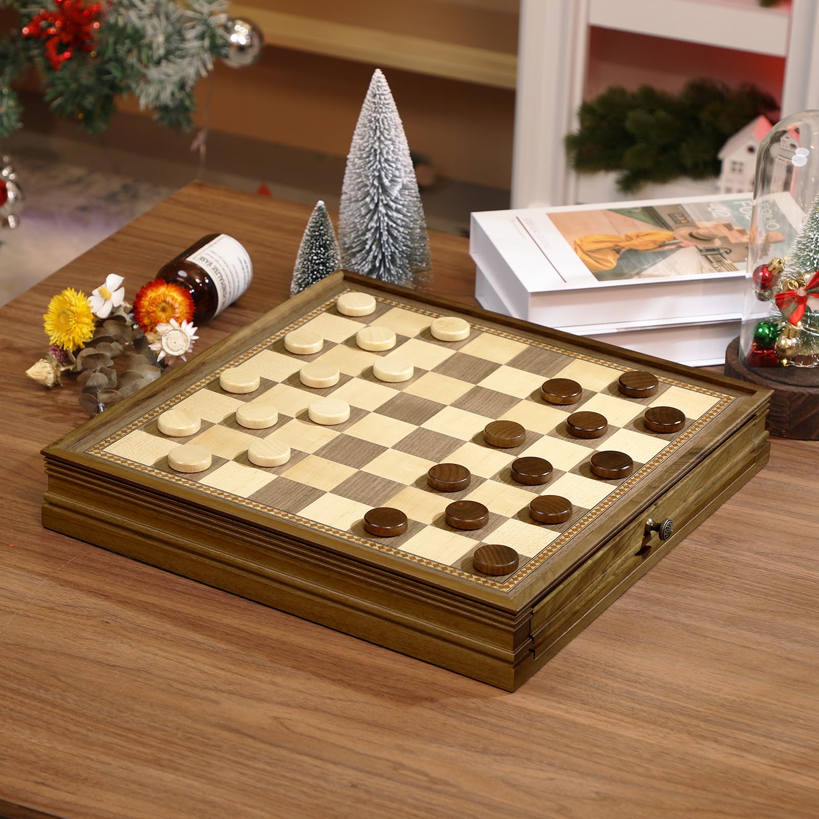 Peradix Magnetic Chess and Checkers Set with 2 Built-in Storage Drawers, Classic 2 in 1 Wooden Board Games, Magnetic Chess Pieces 2 Extra Queens, 12.8" Chess Set for Adults and Kids Gift Package