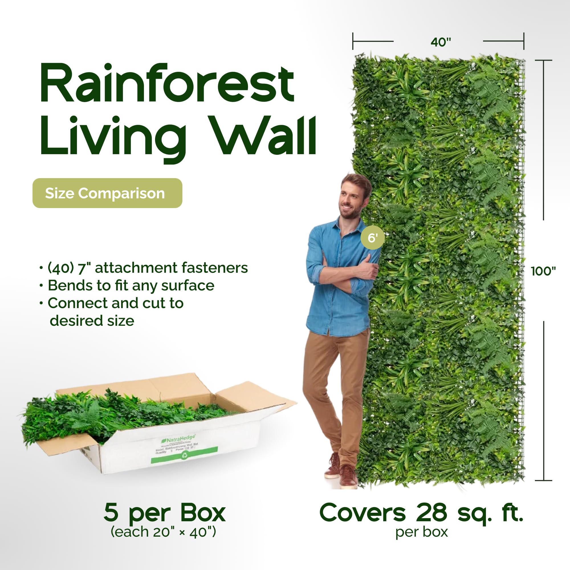 NatraHedge 20''X40'' Artificial Kauai Living Wall Grass Wall Decor, 5Pcs (28SqFt) Hedge Leaf Grass Panels for Indoor, Outdoor, Garden and Balcony Privacy Fence Screen