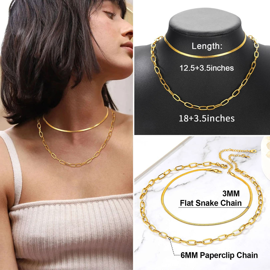 FOCALOOK 14K Gold Plated Necklaces for Women, Fashion Herringbone Choker Necklace Stainless Steel Flat Snake Chain 3/5MM(W) 12.5"/15"/18"+3.5"(L)