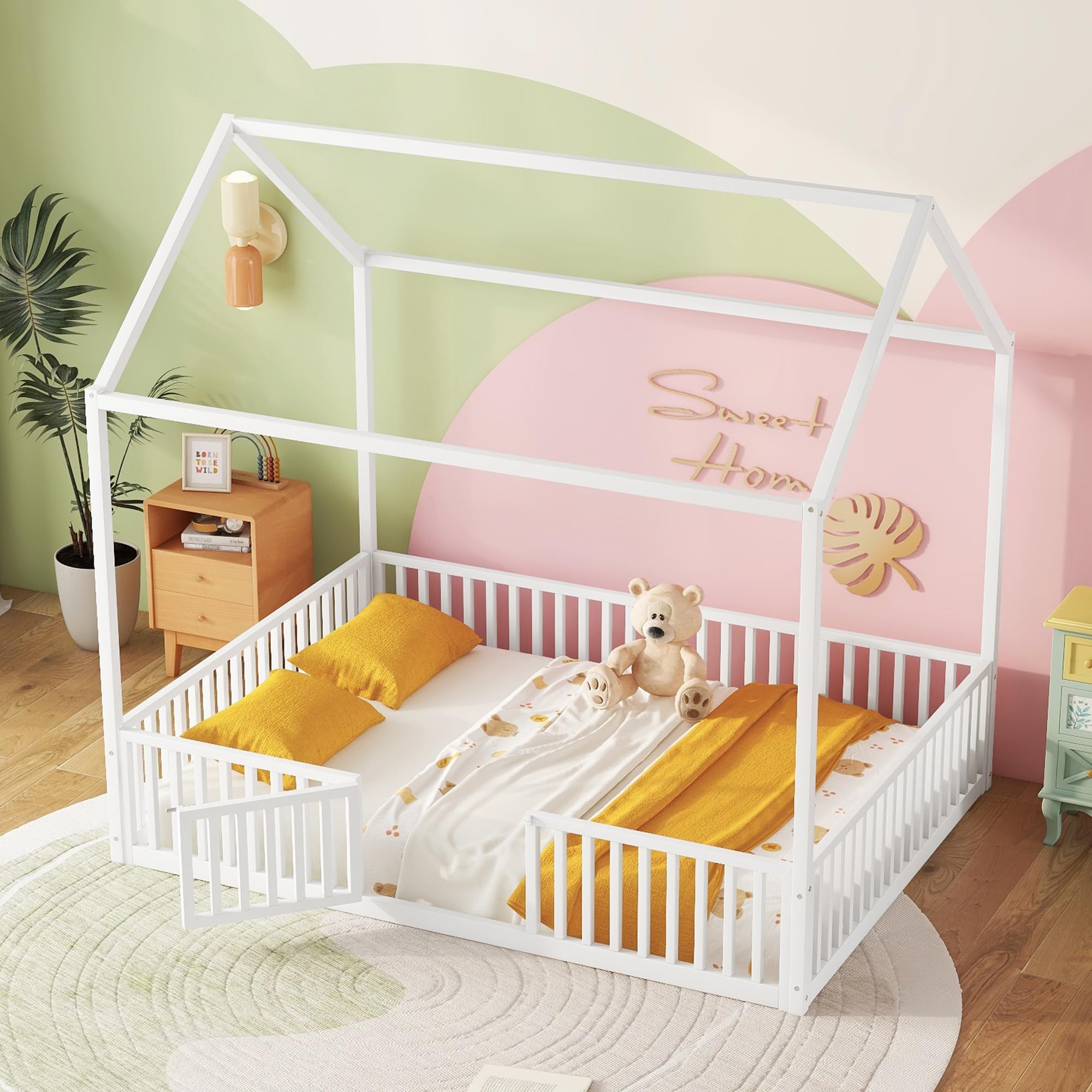 Bellemave Twin Size Montessori Floor Bed, Metal House Bed Framefor Kids, Montessori Floor Beds with Fence, Playhouse for Kids,Black
