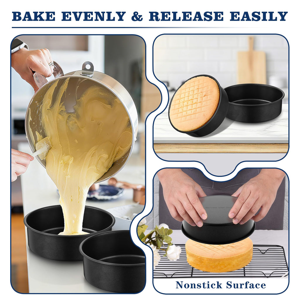 E-far 4 Inch Cake Pan Set of 3, Nonstick Stainless Steel Mini Round Cake Pans Tin, Small Size for Baking Smash Cakes/Cheesecake, Stainless Steel Core & Non-toxic Coating, Straight Side & 2 Inch Deep