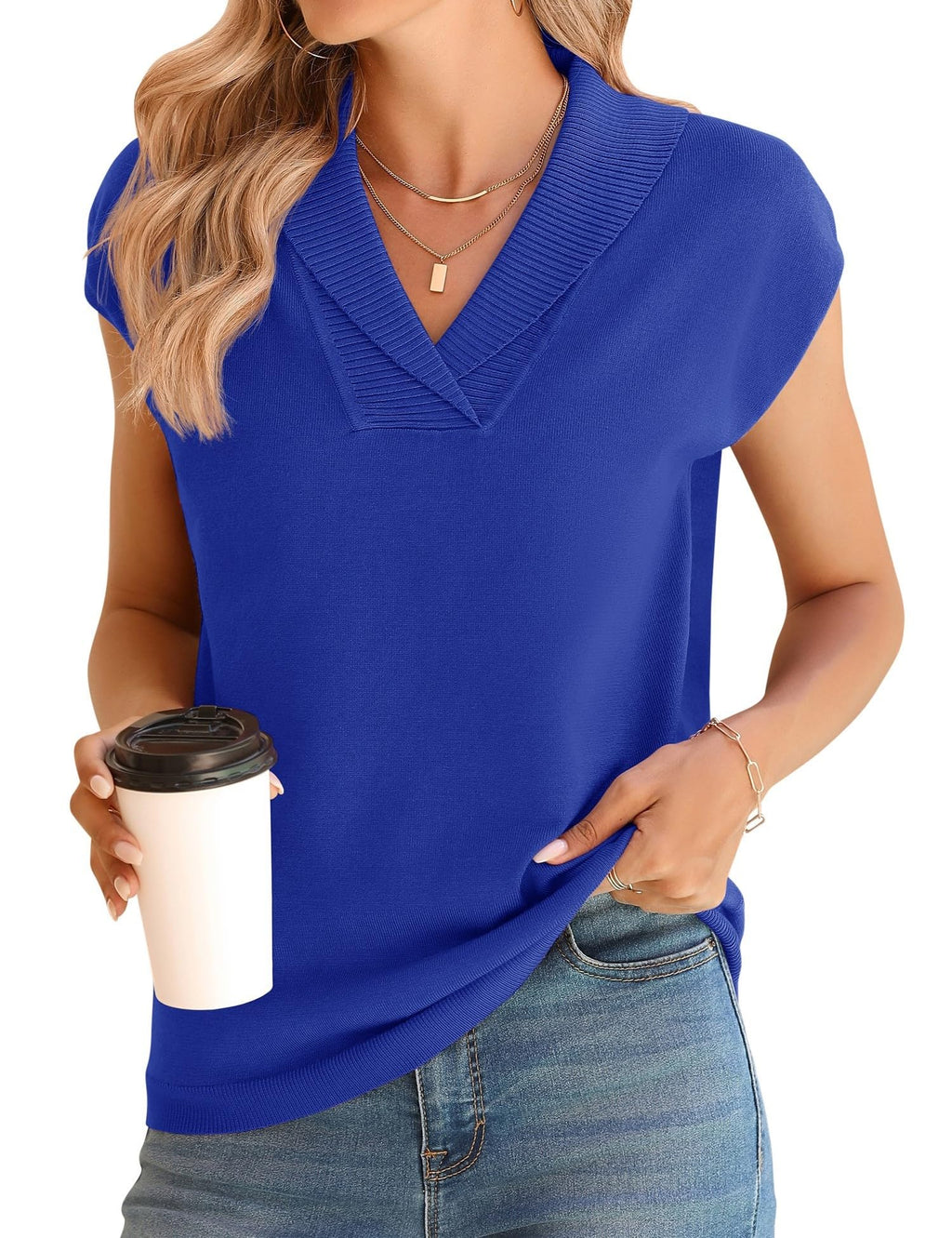 Ivicoer Sweater Vest Women V-Neck Knitted Pullover Short Cap Sleeve Collared Tops Dressy Casual 2025 Summer Fashion Trendy