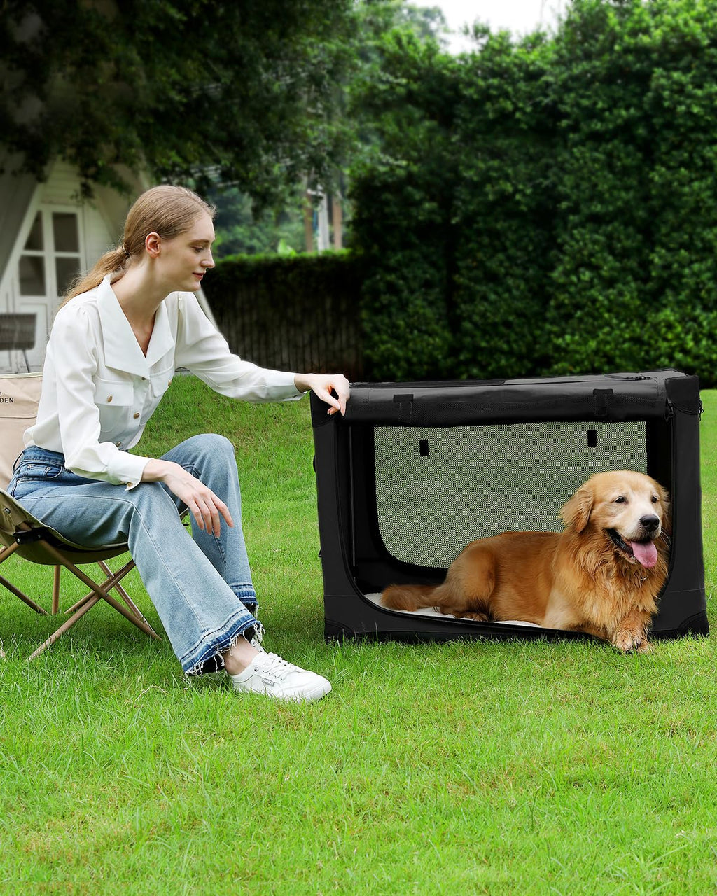 Veraste 24" L x 17" W x 17" H Collapsible Travel Dog Crate, Portable Soft Dog Kennel for Small Medium Pets up to 30 lbs, 4-Door Foldable Travel Crate with Durable Mesh & Storage Bag, Black
