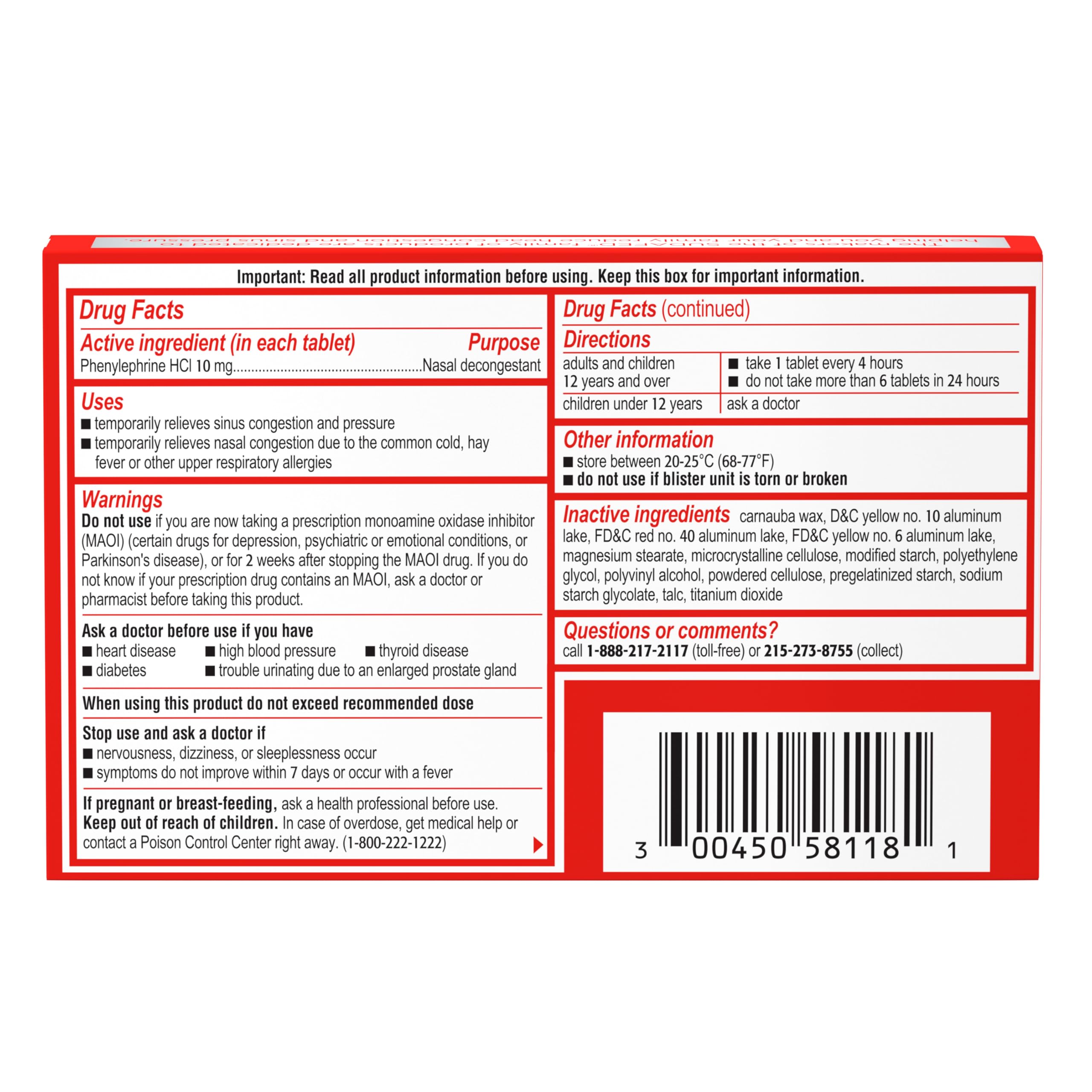 Sudafed, PE Sinus Congestion Relief Tablets, Maximum Strength, Non-Drowsy 10 mg Phenylephrine HCI Decongestant for Sinus Pressure and Nasal Congestion Relief from colds or Allergies, 18 Count