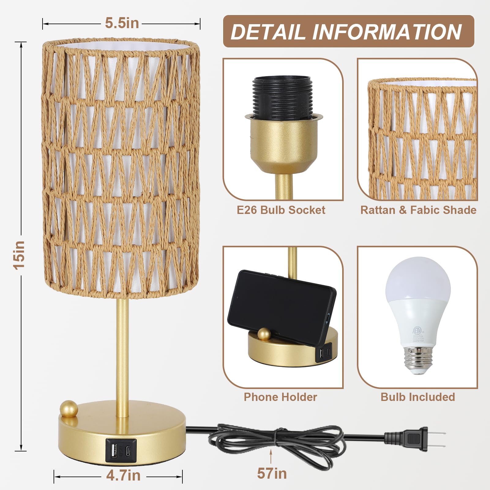 Rattan Bedside Table Lamps Set of 2 - Boho Lamps With 3 Color Temperatures & USB AC Port, Pull Chain Table Lamp For Bedroom, Cute Small Lamp For Nightstand Office Desk Bed Side End Table Living Room