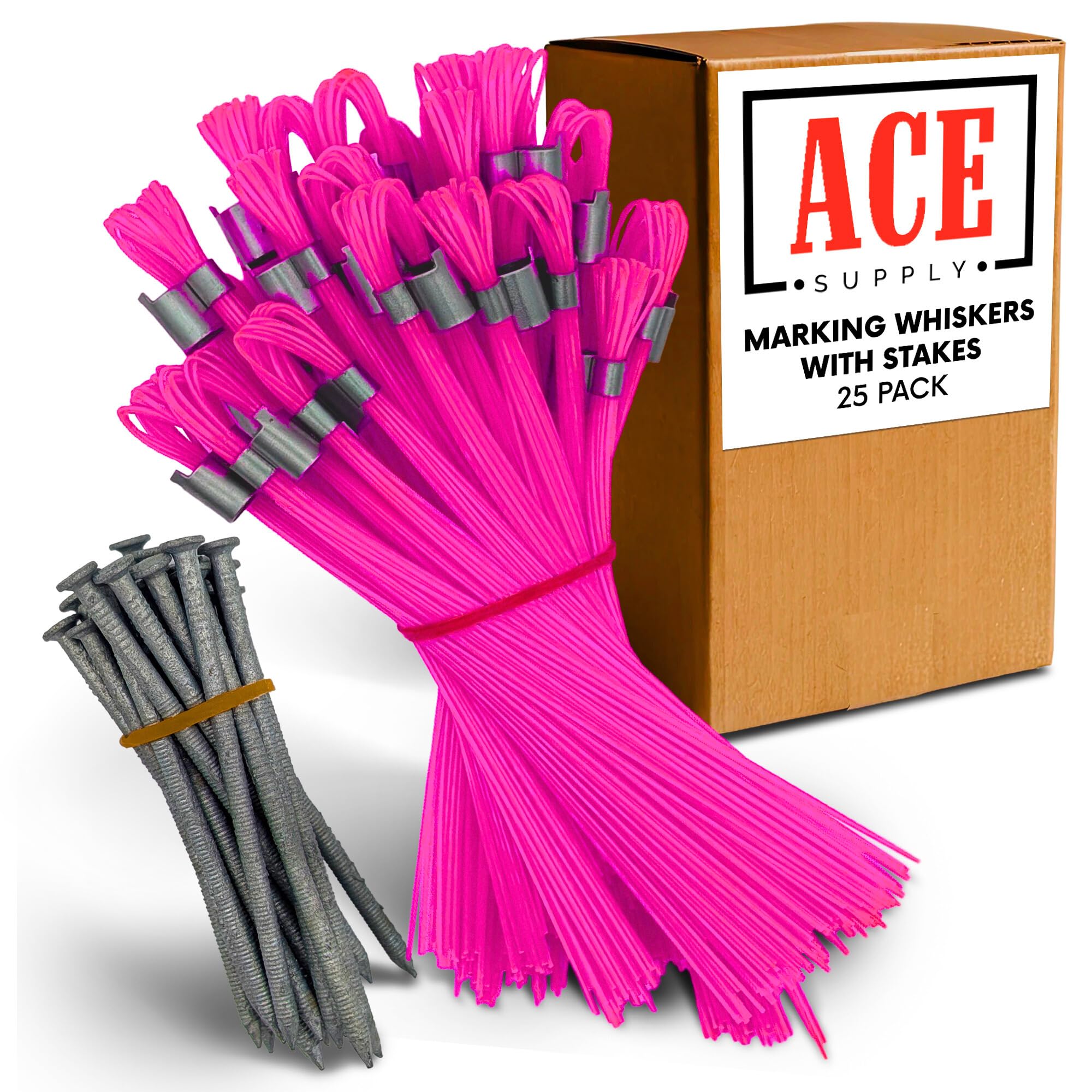 Blue Marking Whiskers With Stakes - 25 Pack - Durable Marking Whisker Set - Use Survey Whiskers As Ground Markers, Construction Markers, Or Trail Markers