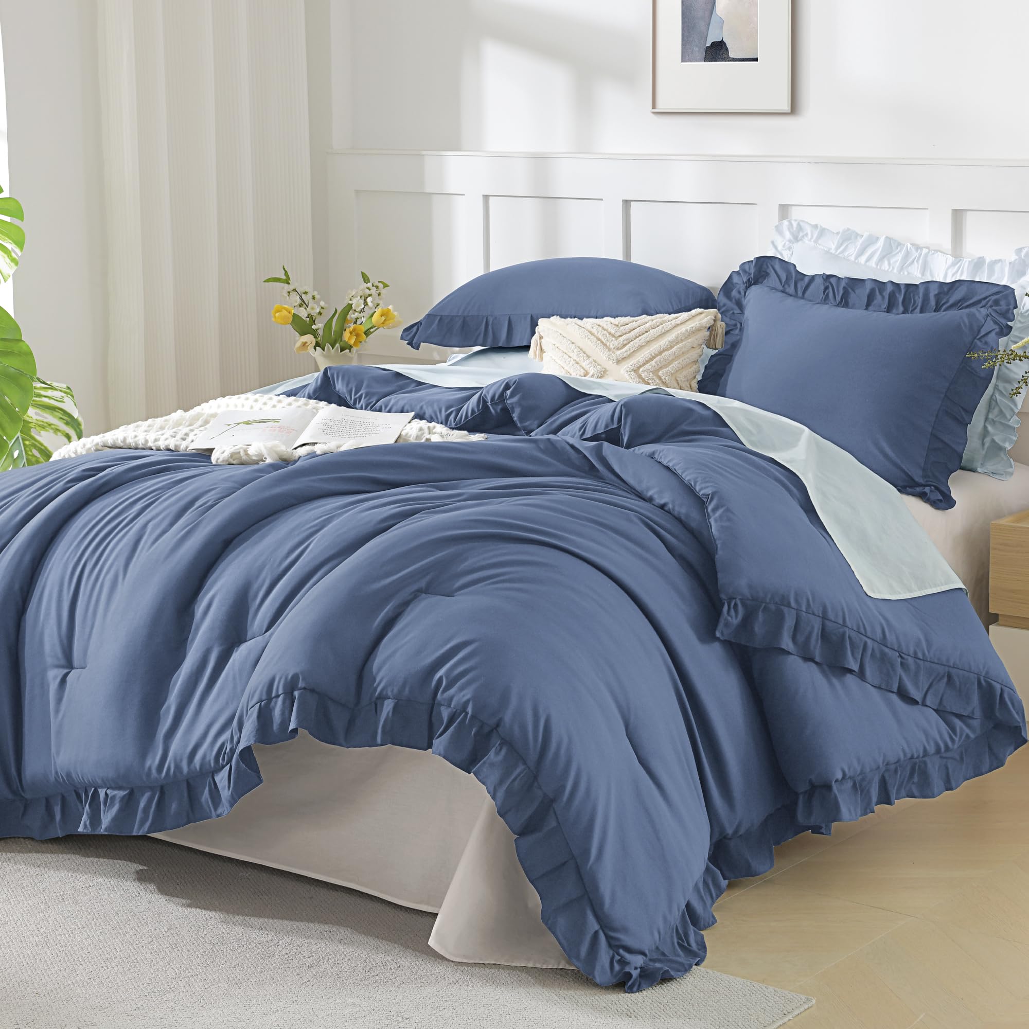 Andency Beige Twin Size Ruffle Comforter, 2 Pieces Farmhouse Shabby Classic Bed Set for Kids, Lighteweight Soft Polyester Bedding Set for Girls(1 Ruffle Comforter and 1 Pillowcase)