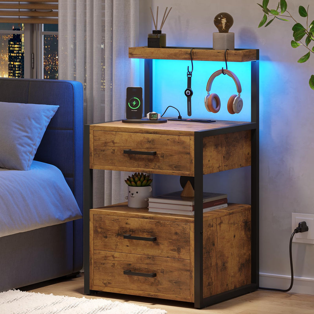 VIAGDO Led Nightstand with Charging Station, 3 Drawers Night Stands with Led Lights, Black Bedside Tables with Storage Shelves, Modern End Side Tables for Bedroom, Office