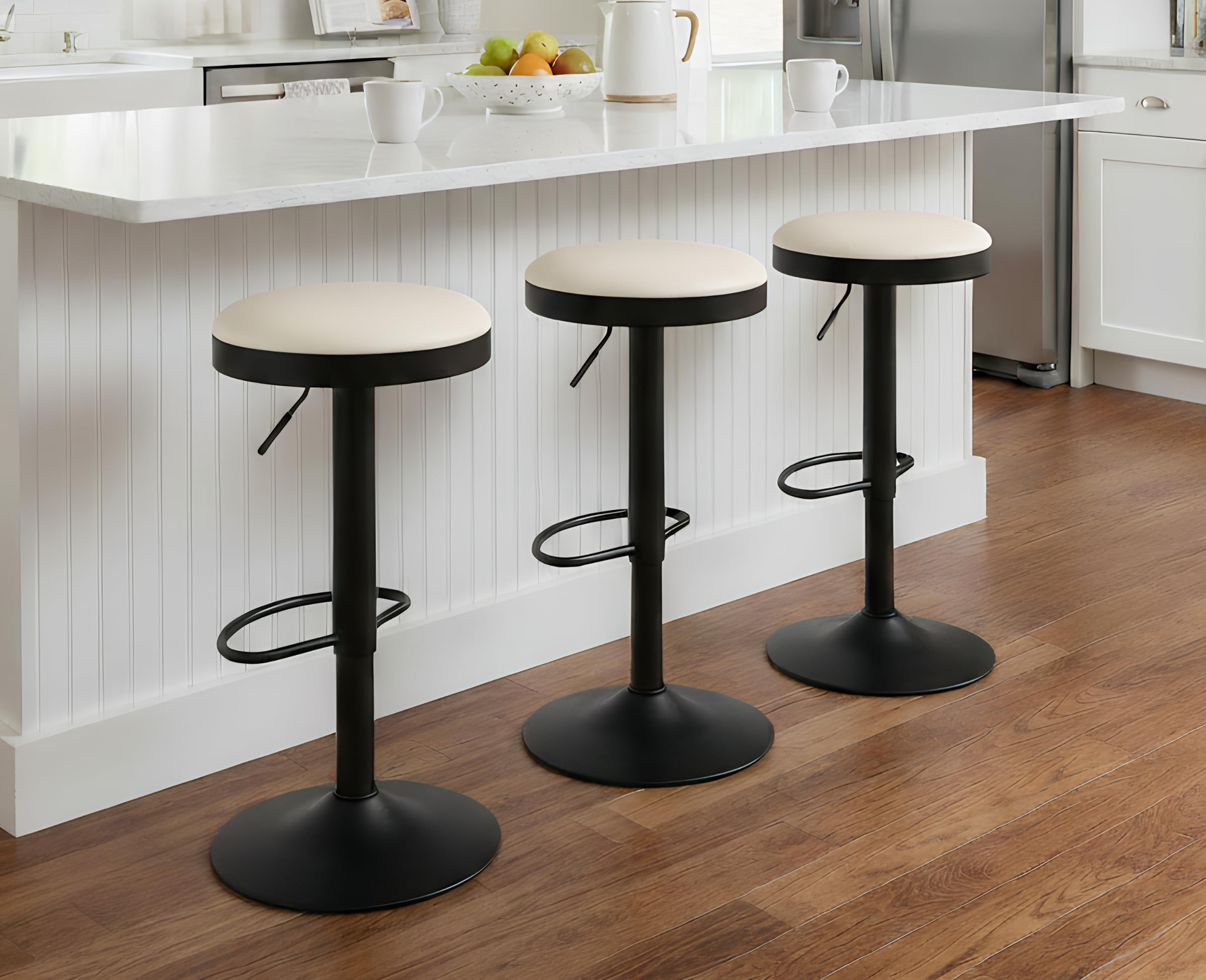 EALSON Modern Swivel Bar Stool Adjustable Counter Height Backless Barstools with Metal Base Leather Upholstered Round Bar Stool Chairs for Kitchen Island/Pub/Breakfast Bar, Beige 1PC