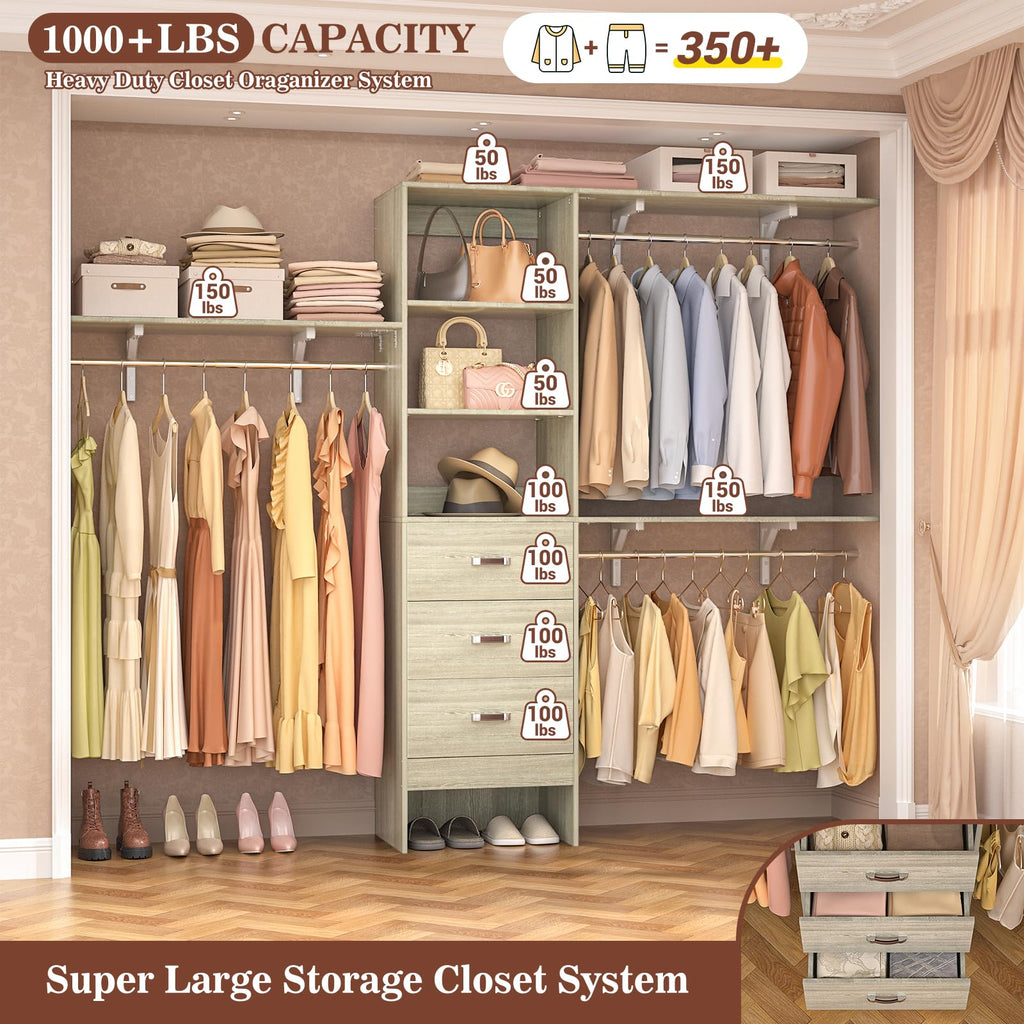 iSunirm 8FT Closet System, 96'' Closet Organizer System with 3 Hanging Rods, Wall Mount Bedroom Wardrobe with 3 Drawers Walk-in Closet, Adjustable Cloth Garment Rack from 5 to 8FT (Cut to Fit), Black