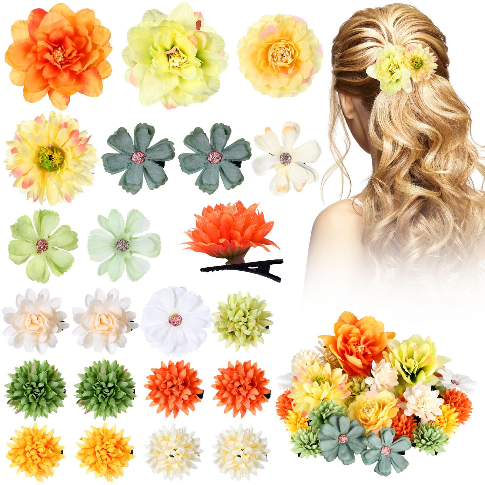 BBTO Flower Hair Clip Rose Hair Clips Barrettes for Women Flower Accessories Boho Bride Claw Clip Hairpin Brooch Pin Headpiece for Wedding(Beige Orange Series,21 Pcs)