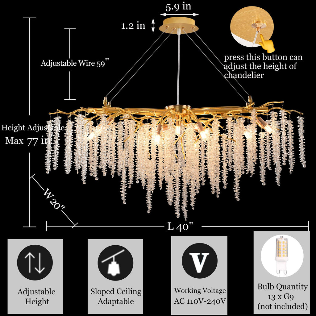 Modern Crystal Raindrop Chandelier, L40'' Black Linear Rectangle Art Deco Tree Branch Lighting Fixture for Kitchen Island Living Room Foyer Staircase 10 Lights