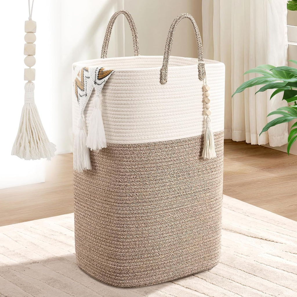 Woven Laundry Basket for Clothes, 50L Large Rectangle Laundry Hampers with Beads Tassel, Nursery Storage Basket for Toys, Tall Dirty Clothes Hamper for Bedroom Aesthetic, Laundry Room Organization