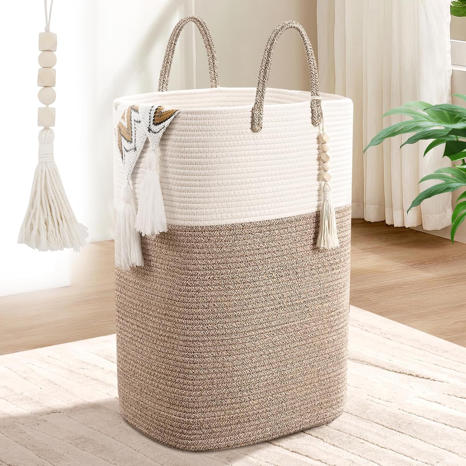 Woven Laundry Basket for Clothes, 50L Large Rectangle Laundry Hampers with Beads Tassel, Nursery Storage Basket for Toys, Tall Dirty Clothes Hamper for Bedroom Aesthetic, Laundry Room Organization