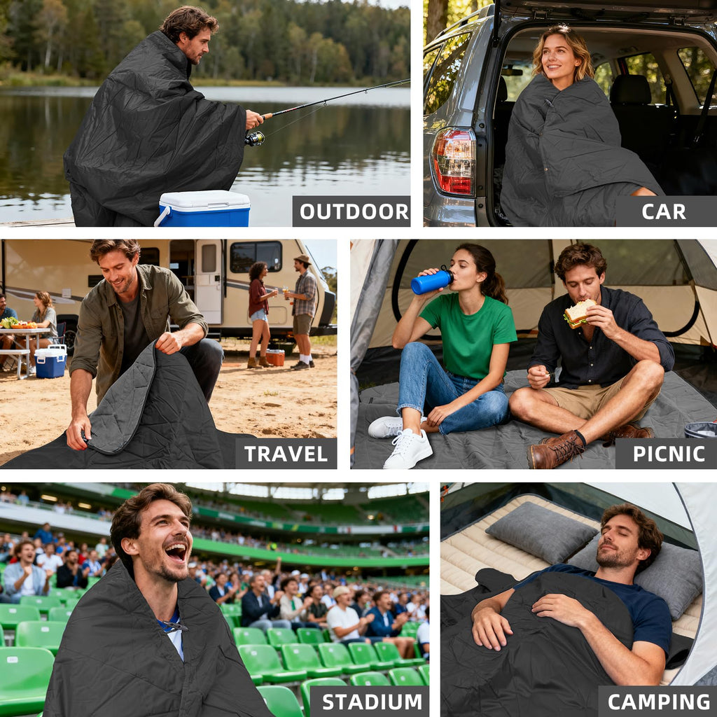 Large Outdoor Waterproof Blanket Extra Thick Fleece Stadium Blanket for Camping, Car, Pet, Picnics - Windproof, Wearable, Machine Washable 80" x 58" (Black Check)