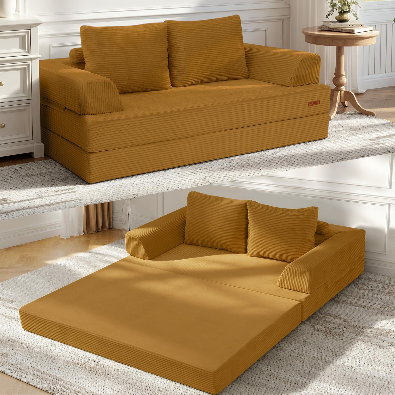 COMAX Futon Sofa Bed, 4‑in‑1 Convertible Sofa Bed, Folding Boneless Couches | Boneless Couch for living room, Fold Out Small Foldable Loveseat Floor Sleeper Mattress Lounge Space‑Saving, Ash Gray