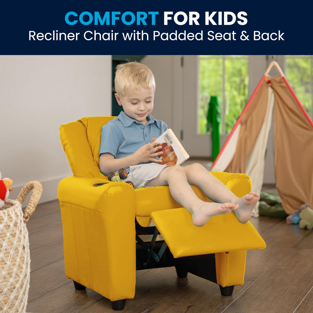 Flash Furniture Vana Vinyl Kids Recliner with Cup Holder, Headrest, and Safety Recline, Contemporary Reclining Chair for Kids, Supports up to 90 lbs., Beige