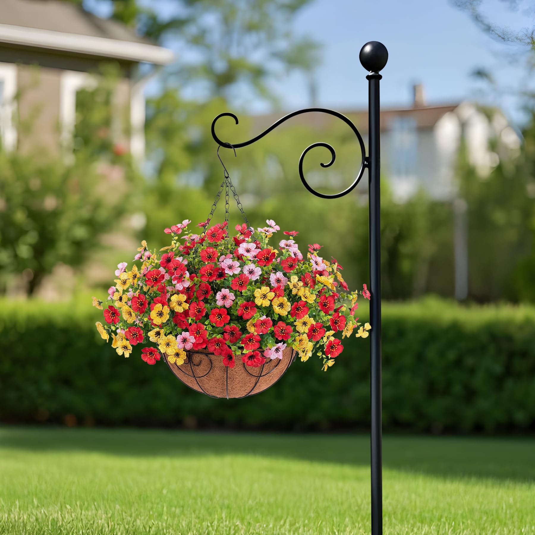 Ammyoo Artificial Faux Hanging Plants Flowers Basket for Spring Outdoor Decoration, Fake Silk Daisy UV Resistant Look Real with Eucalyptus Leaves Summer Outside Decor for Home Patio Garden