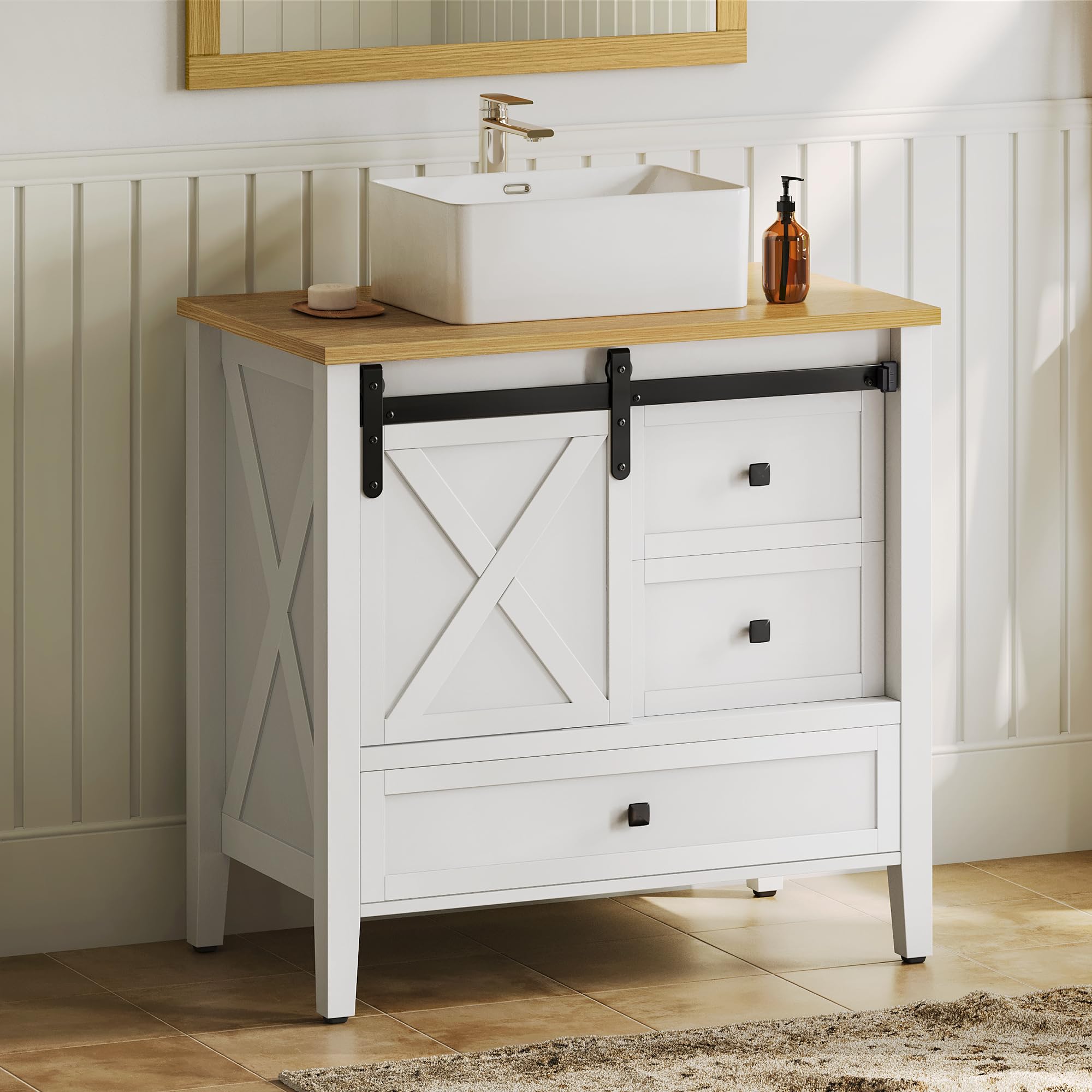 YITAHOME 30 Inch Farmhouse Bathroom Vanity with Sink, Small Space Bathroom Storage Cabinet with Large Drawer, 2 Wood Barn Doors with Built-in Door Racks