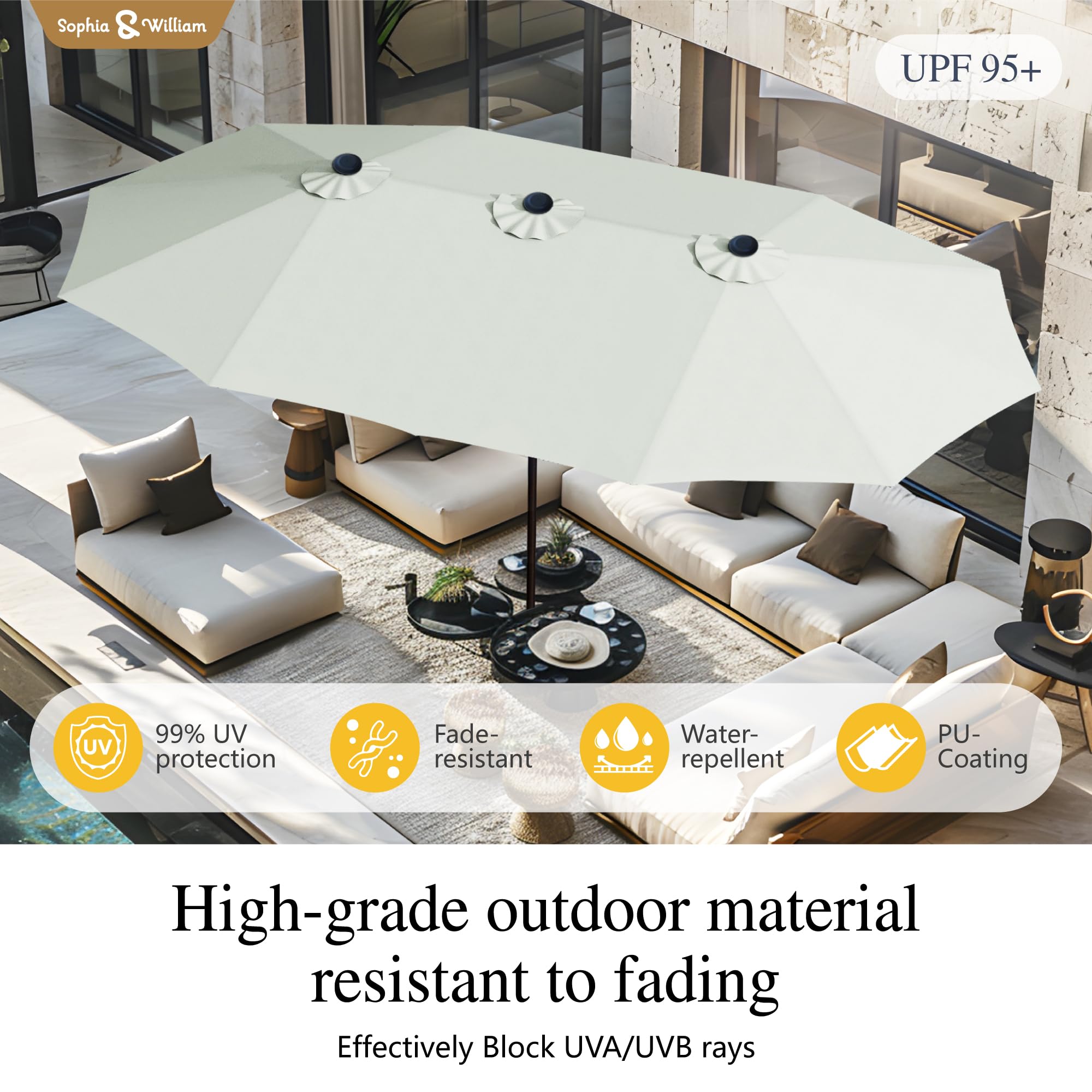 Sophia & William 15 ft Extra Large Patio Umbrella with Base Included, Rectangular Outdoor Umbrella Heavy Duty, Market Umbrella Double-sided Fade Resistant for Pool Garden Backyard, Beige