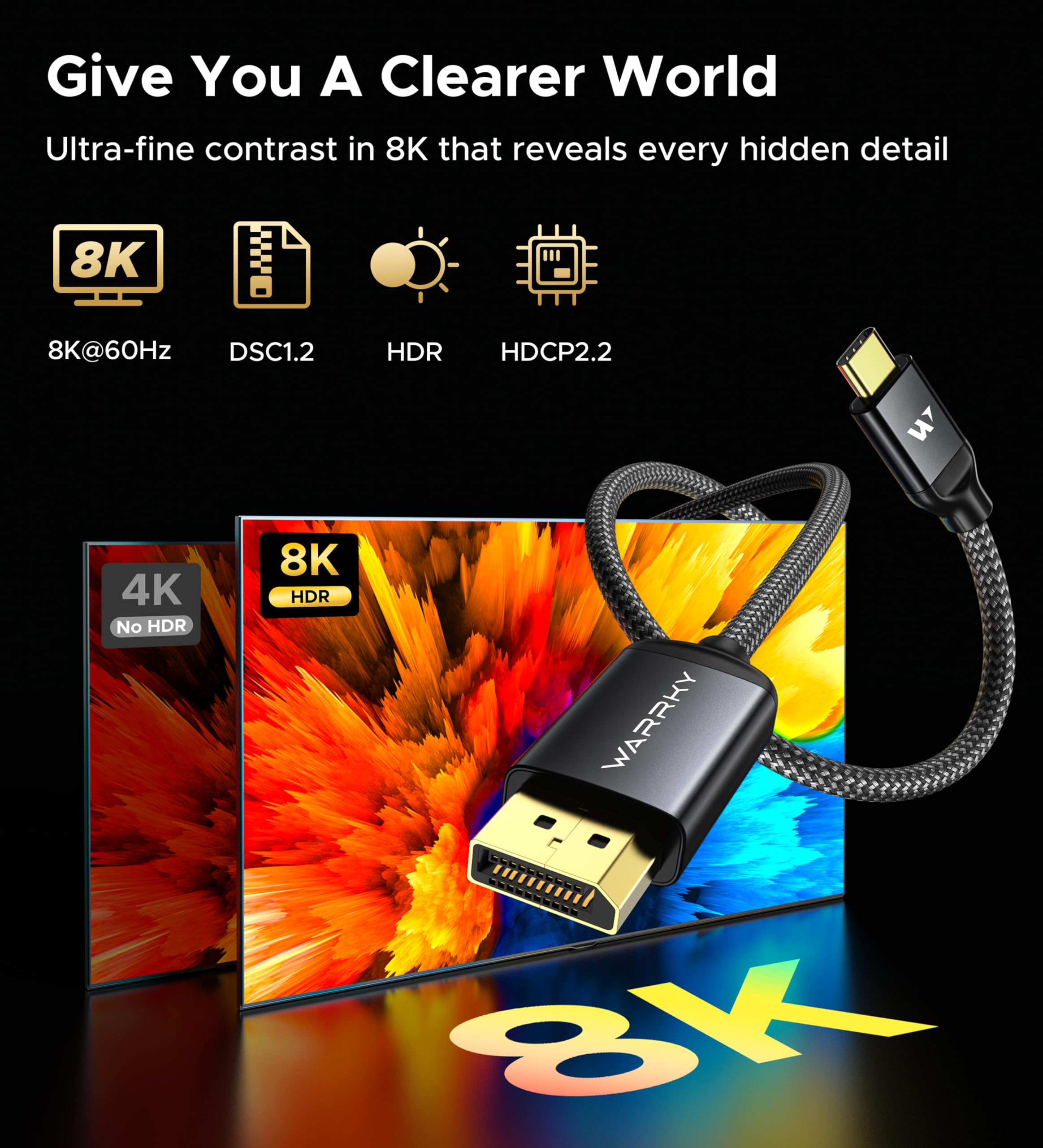 Warrky USB C to DisplayPort Cable for Office and Gaming (8K 60Hz, 4K 240/144Hz) Aluminum Type-C to Display Port (DP) Cord [Thunderbolt 3/4 Compatible] for iPhone 15 Series, iPad, Galaxy -3.3ft