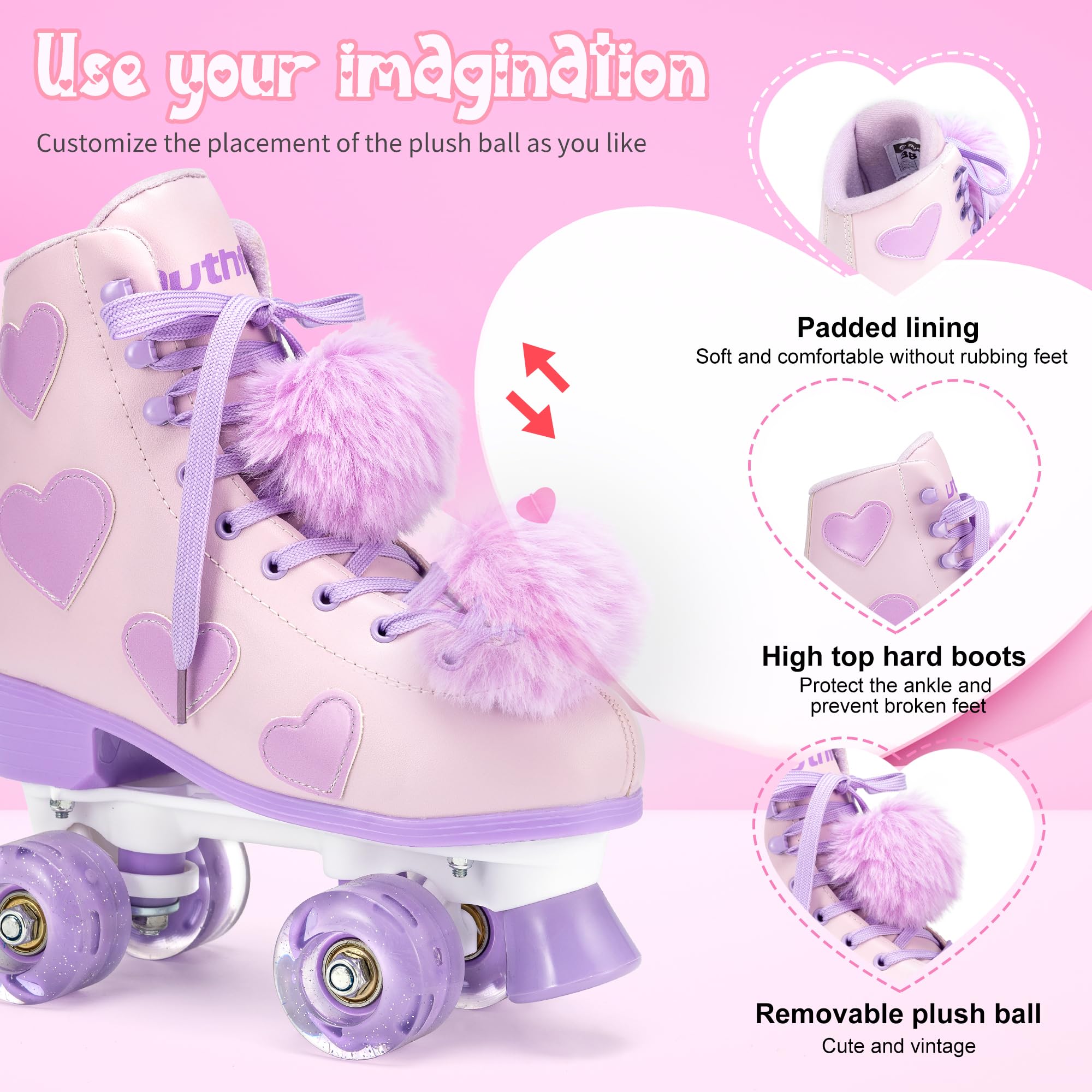 Ruthfot Women's and Girl's Classic Roller Skates with Light up Wheels and Love Heart Pattern, High-top PU Leather Rollerskates…
