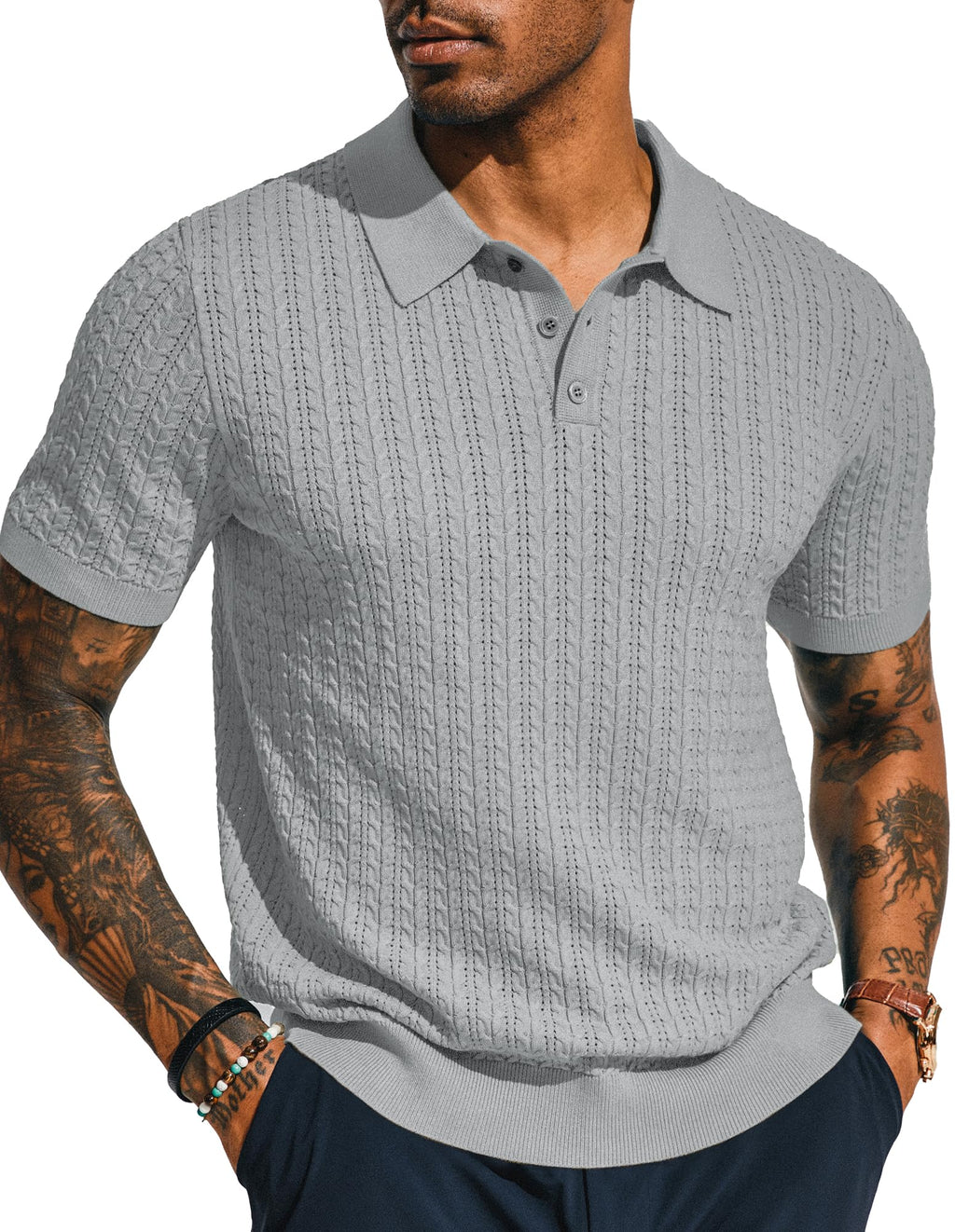 PJ PAUL JONES Mens Knit Polo Shirt Short Sleeve Hollow Out Knit Shirt Texture Knitted Polo