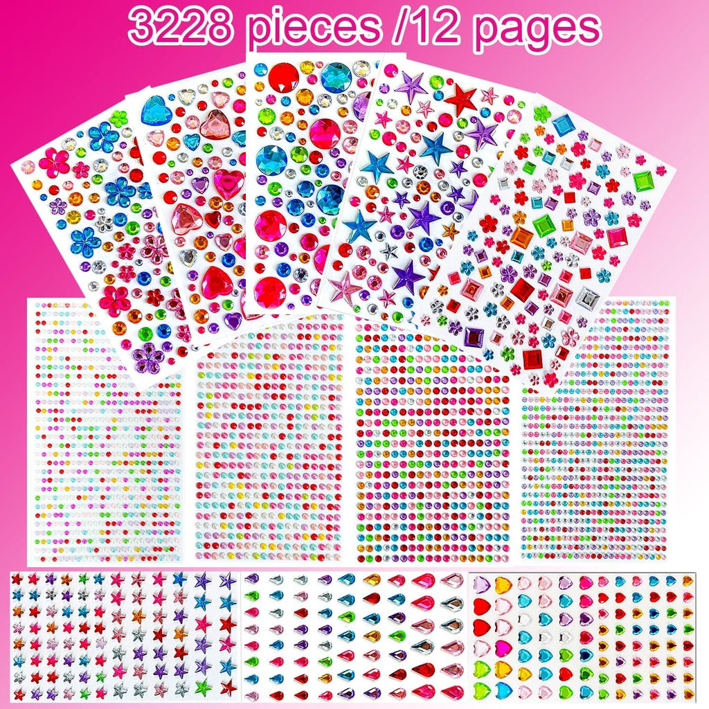 3228pcs Gems Stickers, Self Adhesive Rhinestone Jewel Stickers, Acrylic Gems DIY Craft Decorative Diamond Stickers, Assorted Shapes Jewels Rhinestones Sticker
