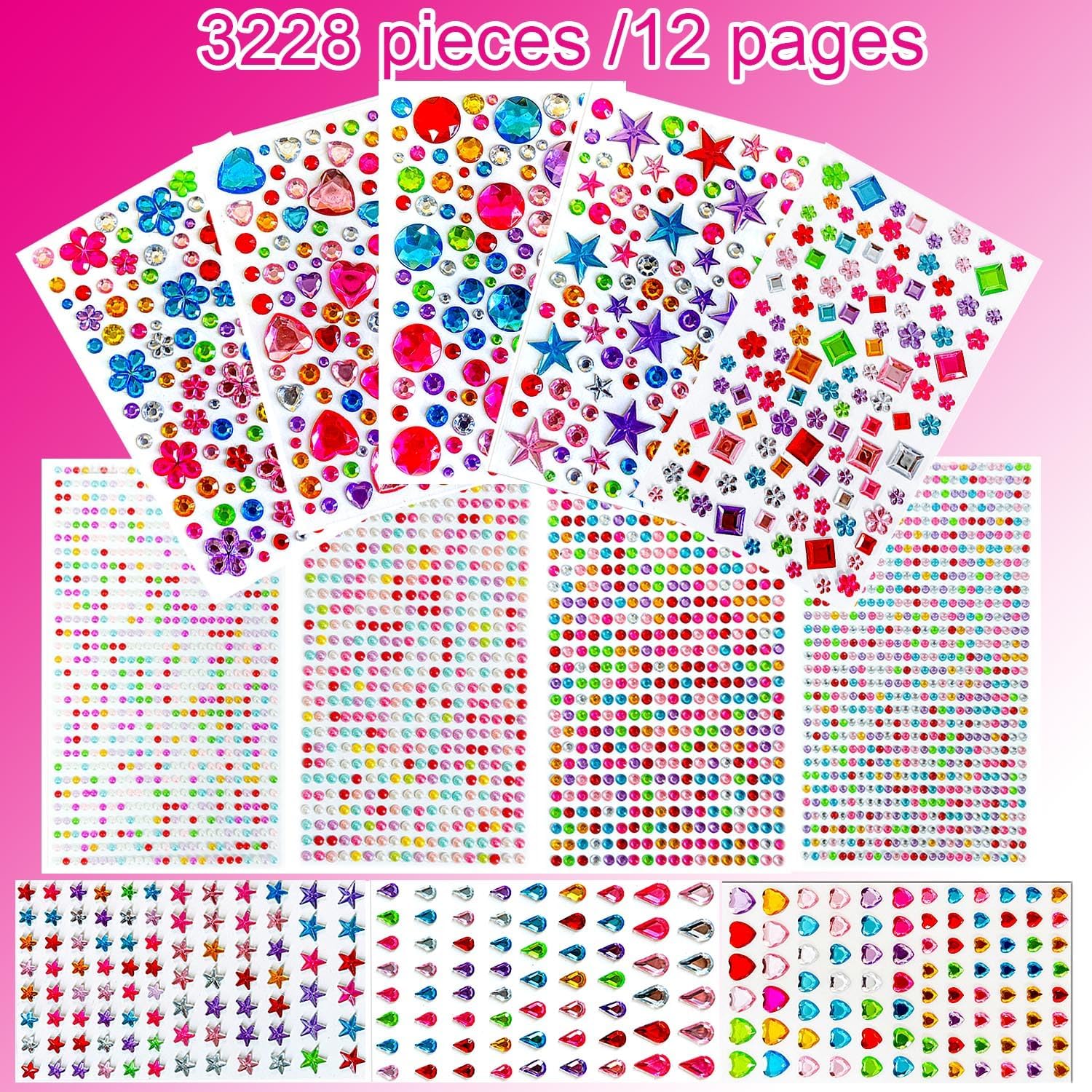 3228pcs Gems Stickers, Self Adhesive Rhinestone Jewel Stickers, Acrylic Gems DIY Craft Decorative Diamond Stickers, Assorted Shapes Jewels Rhinestones Sticker