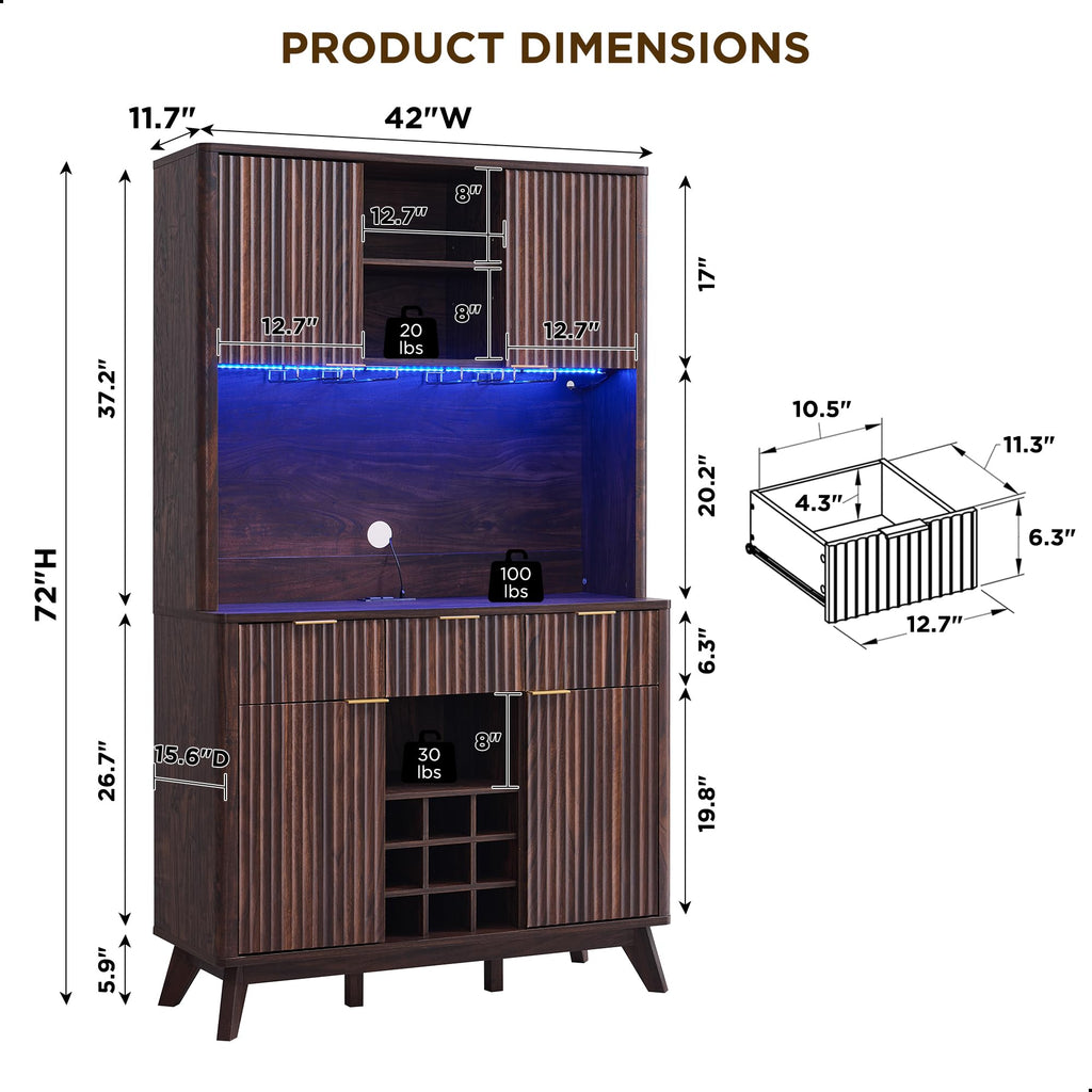 OKD 72" Tall Fluted Coffee Bar Cabinet with Ample Storage, Modern Buffet Sideboard with Glass Holder/Wine Rack/Led Lights/Charging Station, Wine Cabinet for Kitchen, Dining Room, Home Bar, Dark Walnut