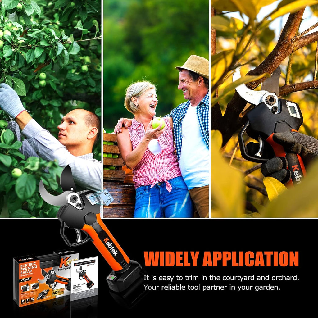 Cordless Electric Pruning Shears 40MM, Kebtek Professional Pruning Shears Battery Powered 21V Brushless Motor 2Pack 2AH Rechargeable Battery-LCD Display Screen (KT940)