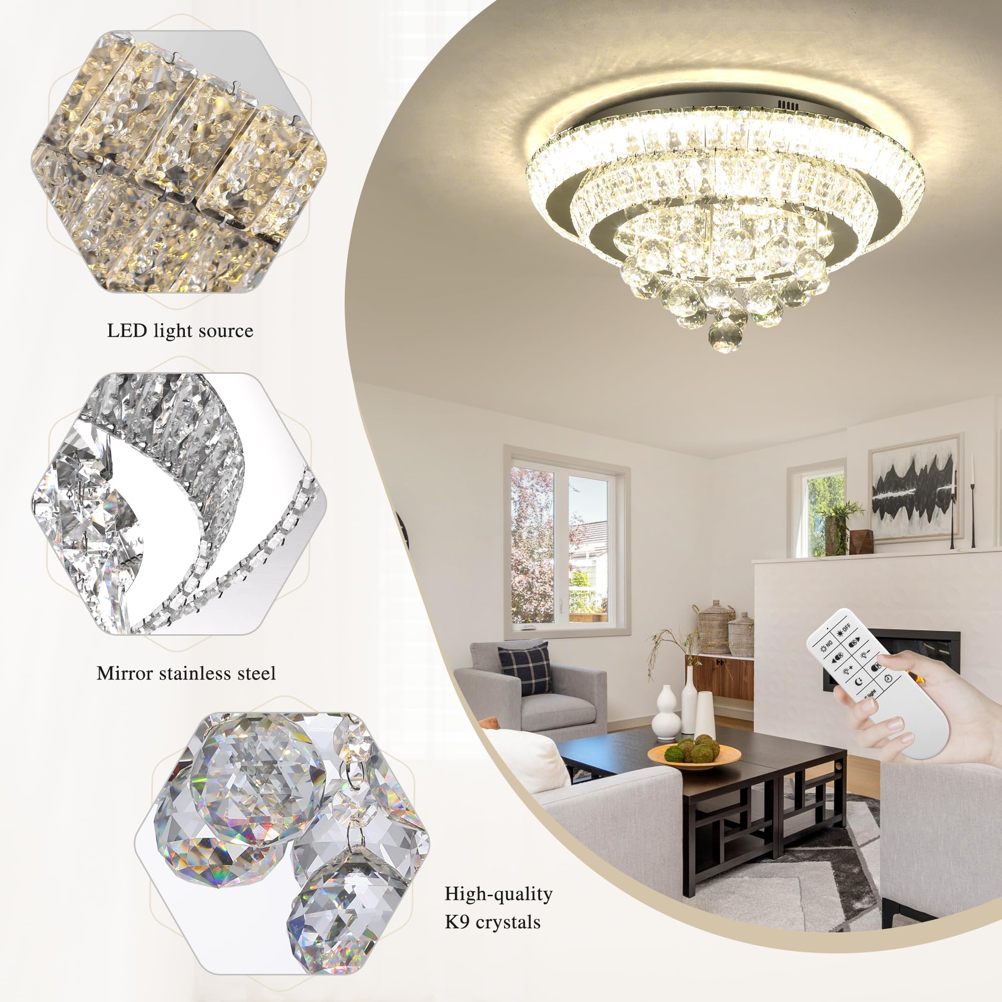 COCOSTAR 20" Gold Crystal Chandeliers, Flush Mount Chandelier LED Ceiling Light, Modern Crystal Raindrop Chandeliers for Dining Room, Living Room, Bedroom