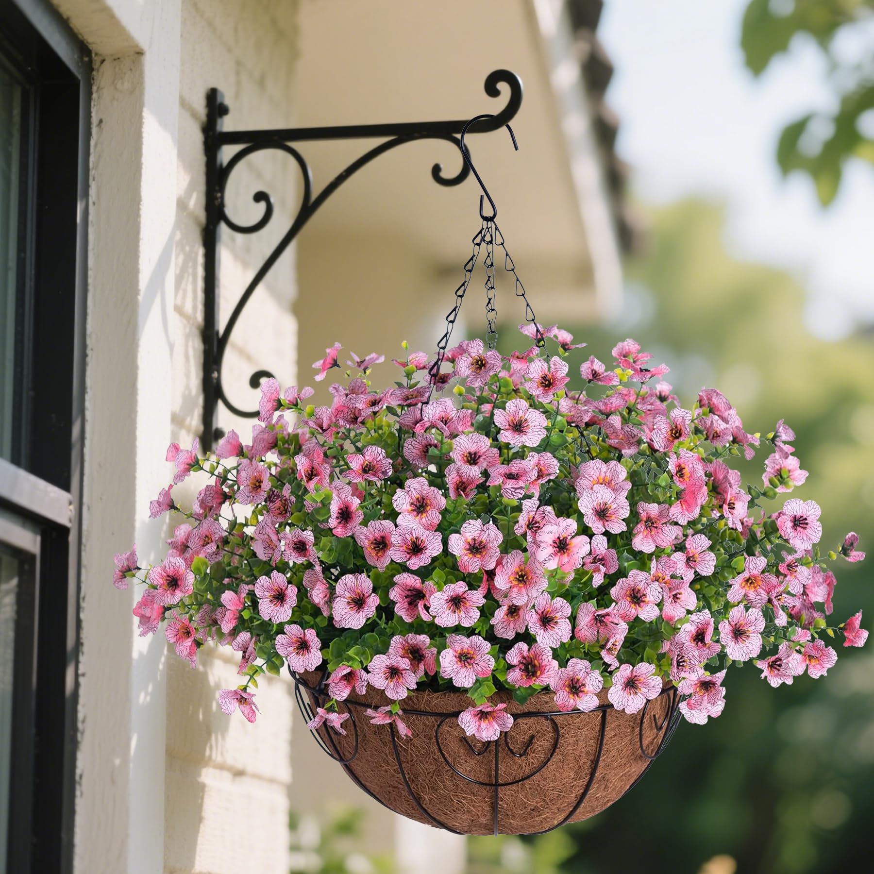 Ammyoo Artificial Faux Hanging Plants Flowers Basket for Spring Outdoor Decoration, Fake Silk Daisy UV Resistant Look Real with Eucalyptus Leaves Summer Outside Decor for Home Patio Garden