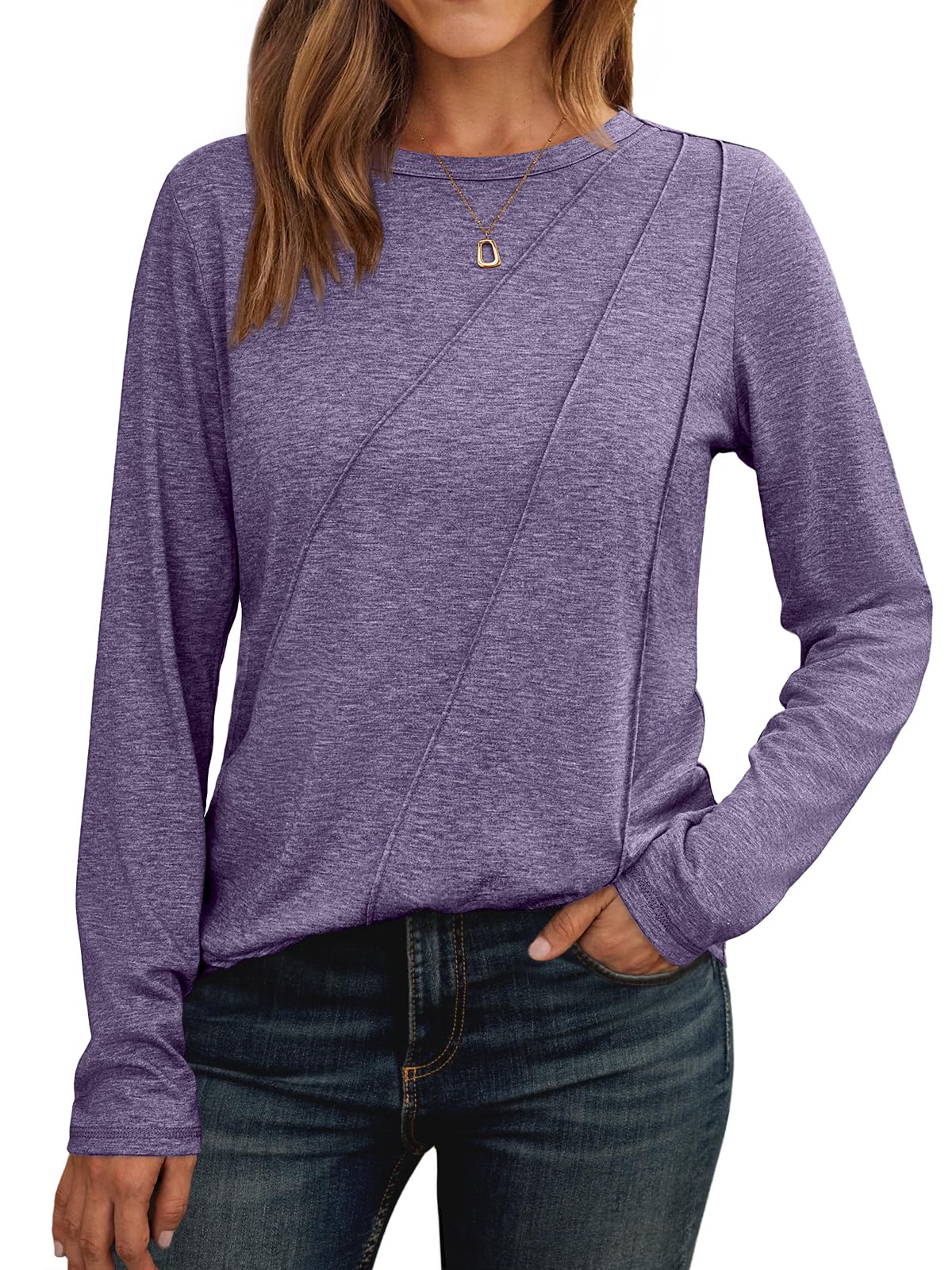AUTOMET Womens Long Sleeve Shirts Pleated Tunics Fall Fashion Crewneck Tops
