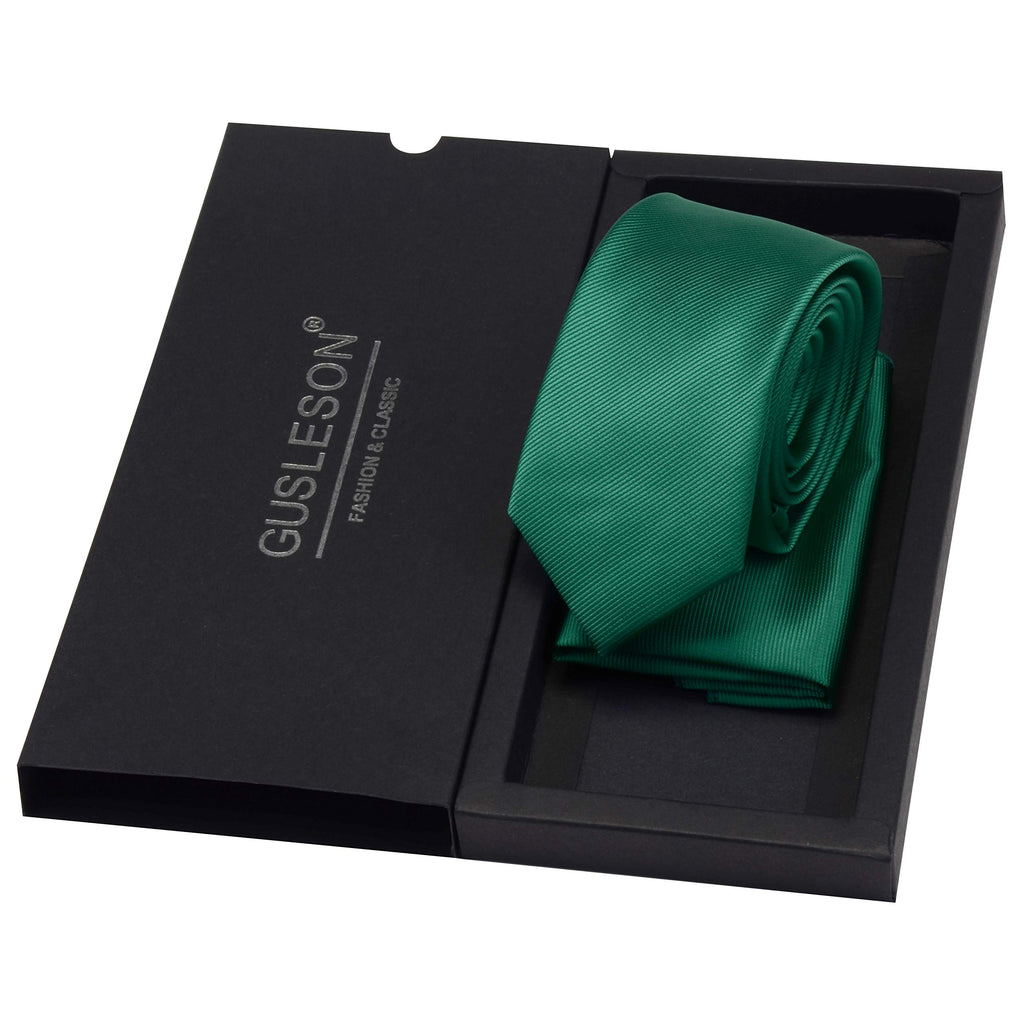 GUSLESON 2.4" Slim Necktie and Handkerchief Set For Men Solid Skinny Tie Set