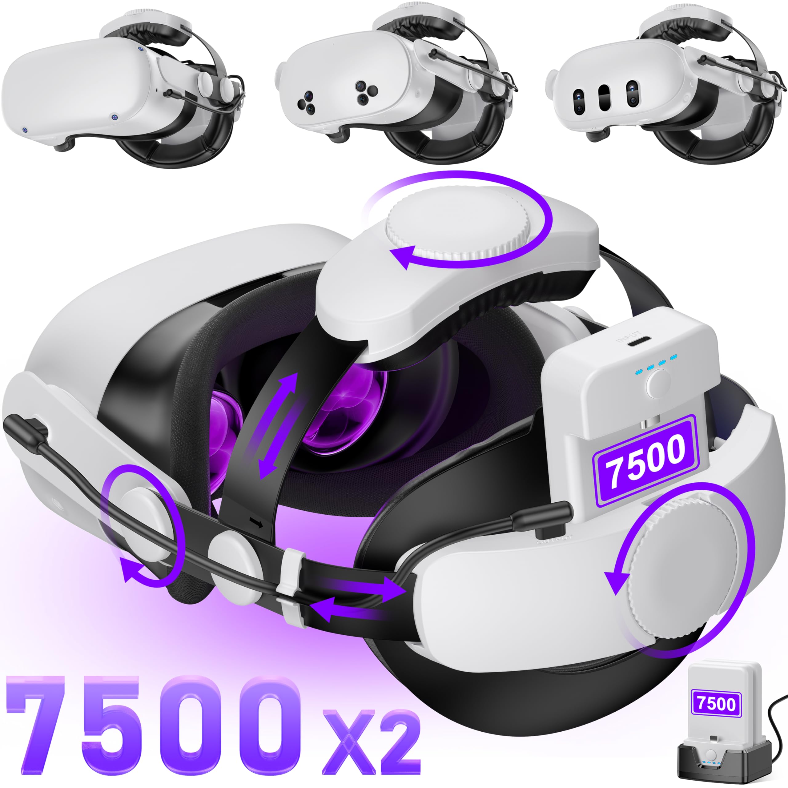 Hot-Swappable Battery Head Strap for Quest 2/Quest 3/3S, 15000mAH Detachable Battery, Extra 6-8 Hours Playtime, Double Knobs, Soft Cushion, Reduces Head Pressure, with One Charging Dock
