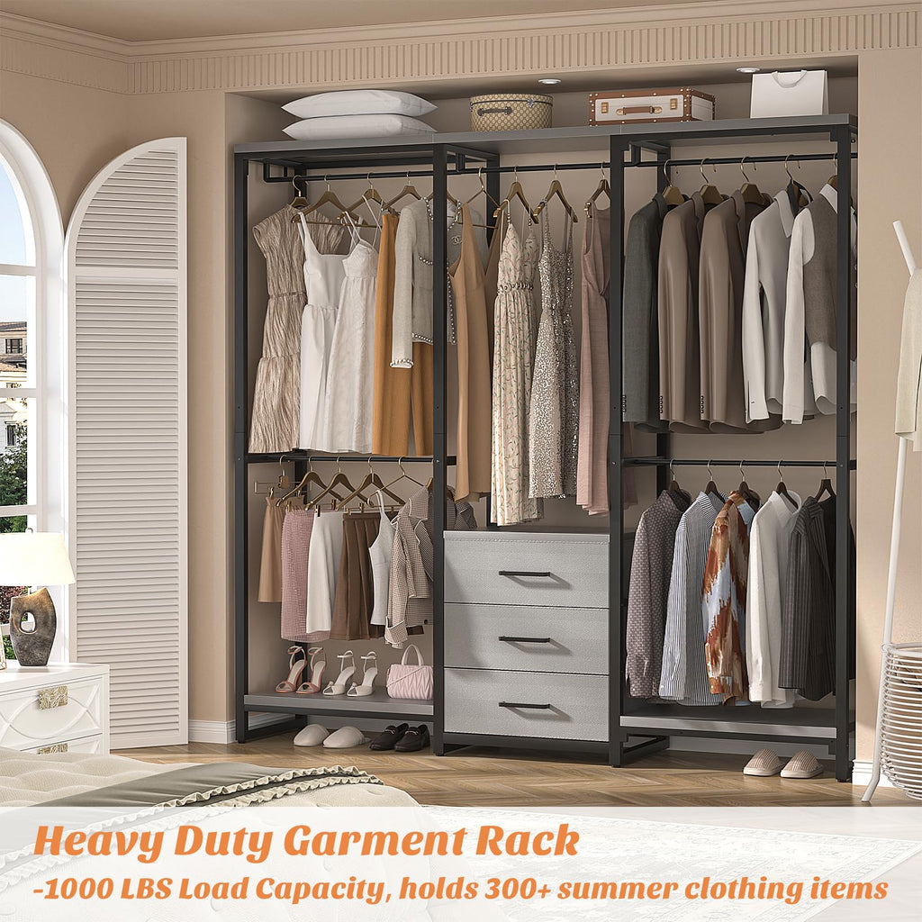 Aheaplus Garment Rack Heavy Duty Clothes Rack for Hanging Clothes,Clothing Rack with Drawers, Wood Stoarge Shelf Freestanding Closet Wardrobe Rack, Corner L Shaped Closet System Organizers, Grey