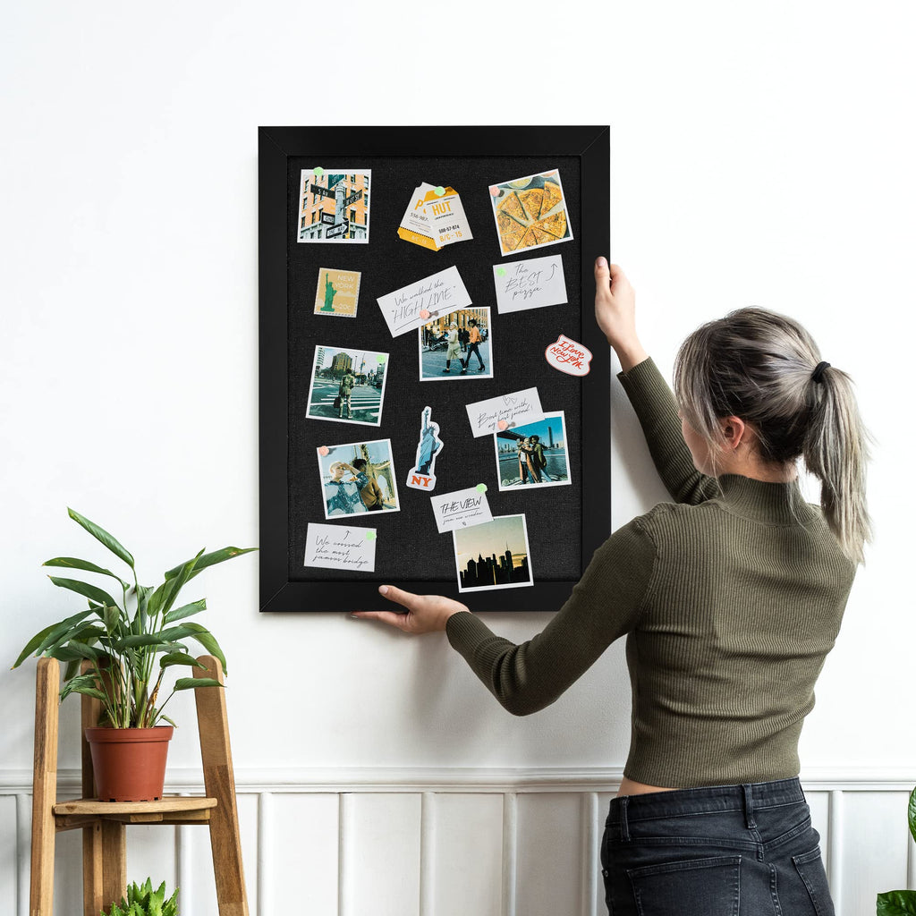 Black Cork Board Bulletin Board with Linen, Wood Framed 30" x 20" Corkboard, Office Board for Wall Decor, Wall Mounted Pin Board Picture Board with 20 Pushpins for School, Home & Office