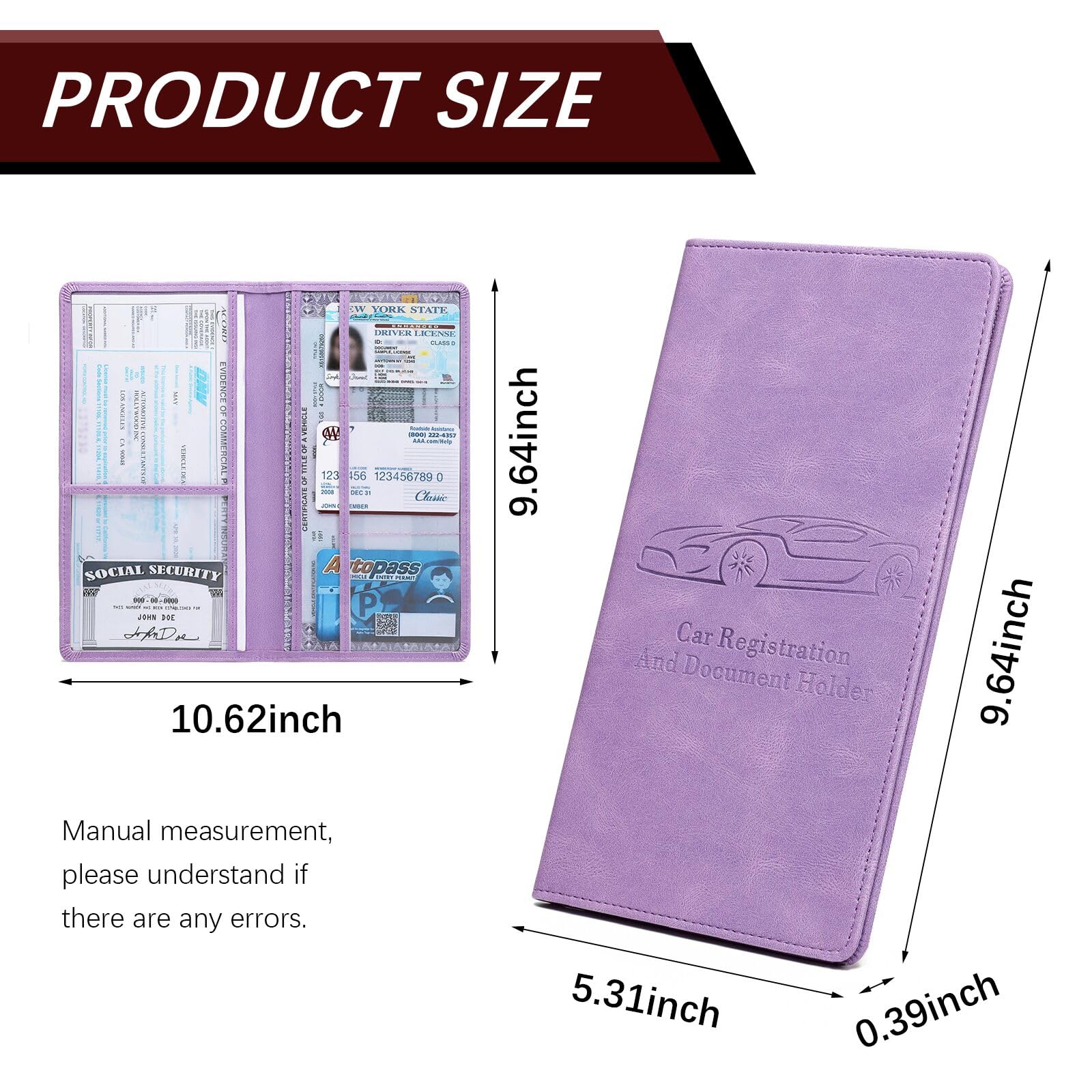 Car Registration and Insurance Card Holder for Women Men, Black Glove Box Paperwork Organizer with Magnetic Buckle for Easy Access and Protect Documents and Various Cards in Vehicle