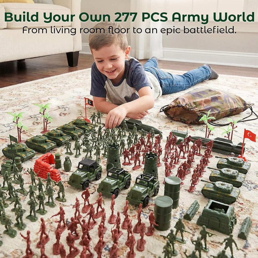 AMOR PRESENT 277 PCS Army Men Military Playset, Army Men Toys for Boys 8-12, Military Soldier Playset Plastic Toy Soldiers Figures and Accessories with Handbag, Stockings Gift for Kid