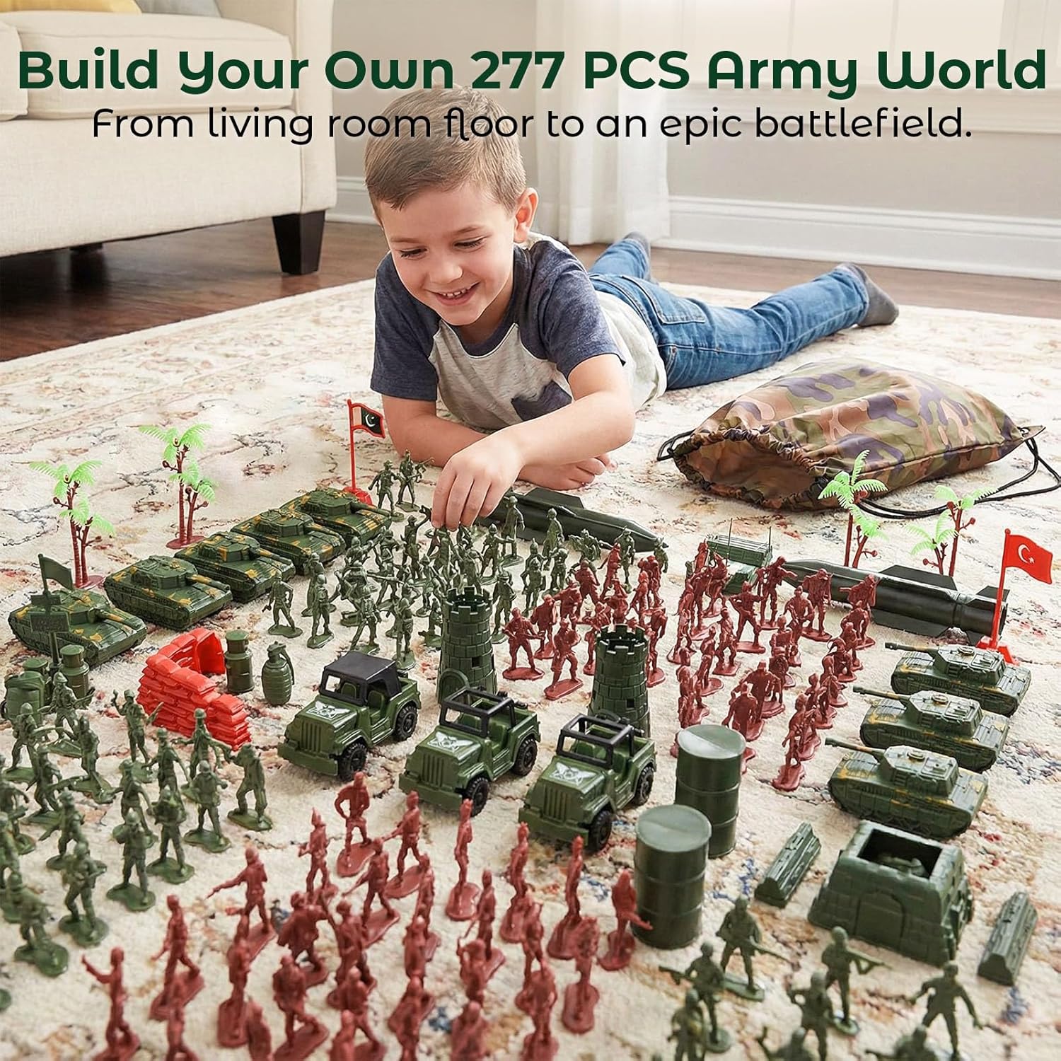 AMOR PRESENT 277 PCS Army Men Military Playset, Army Men Toys for Boys 8-12, Military Soldier Playset Plastic Toy Soldiers Figures and Accessories with Handbag, Stockings Gift for Kid