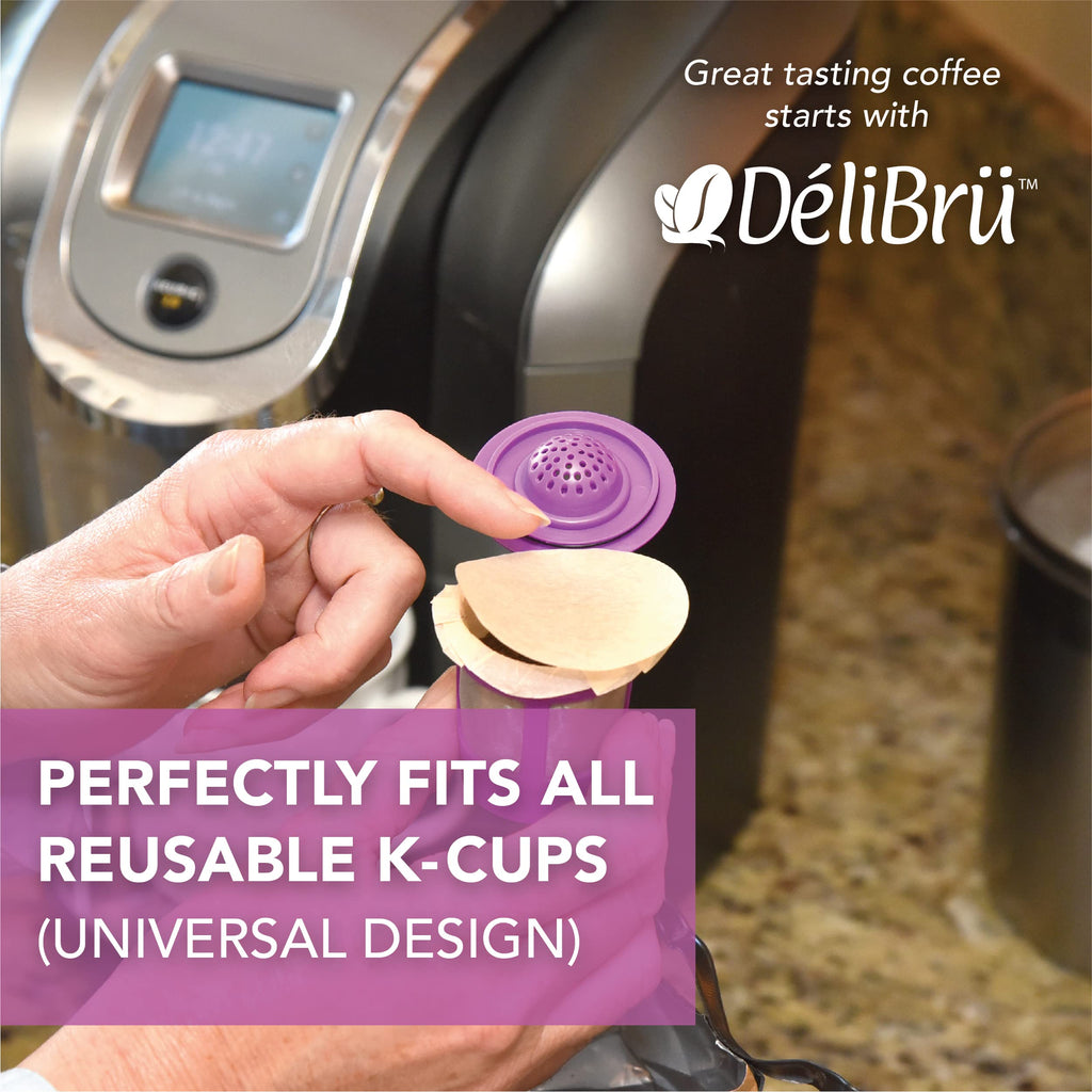Delibru K Cup Disposable Paper Filters 100 Pack Fits With All Reusable Coffee Pods - Compostable and Disposable Coffee Filters for Keurig Single Cup