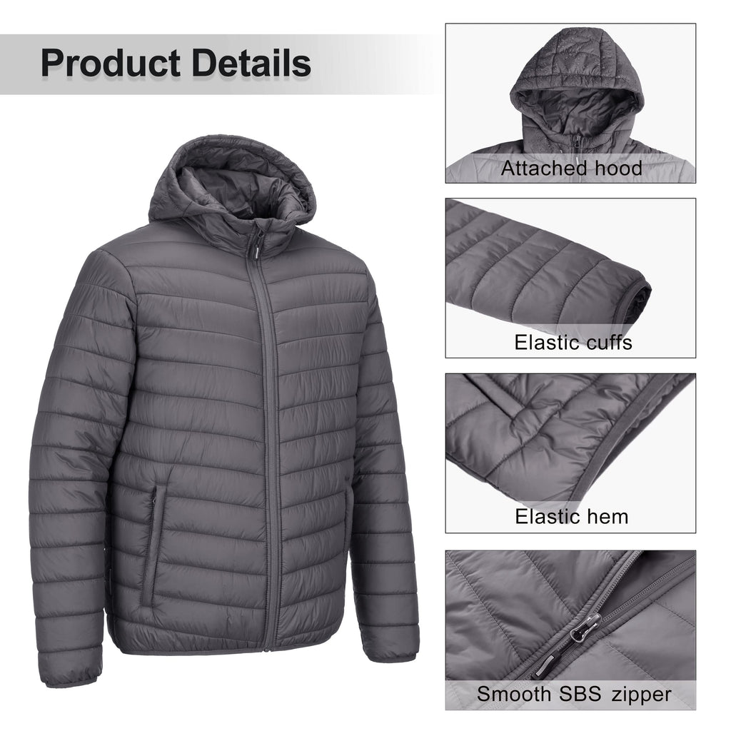 Outdoor Ventures Men's Lightweight Packable Hooded Puffer Jacket Insulated Winter Coat for Snow Ski Traveling
