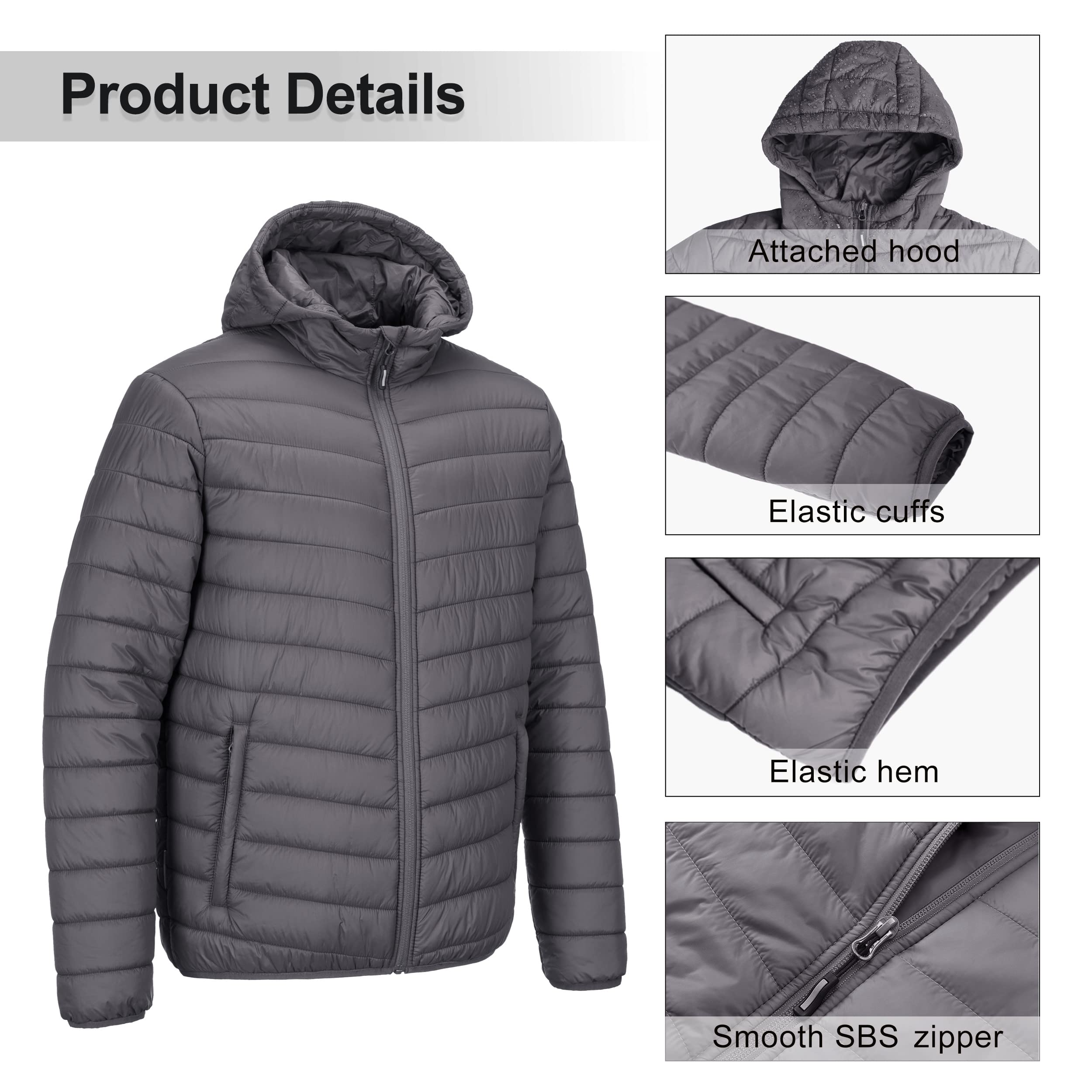 Outdoor Ventures Men's Lightweight Packable Hooded Puffer Jacket Insulated Winter Coat for Snow Ski Traveling
