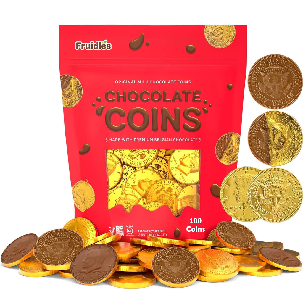 25 Edible Chocolate Coins, Gold Half Dollar Milk Chocolate, Made with Premium Belgian ingredients, Nut Free, Non-GMO, Certified Kosher Dairy 25-Pack Christmas Stocking Stuffers