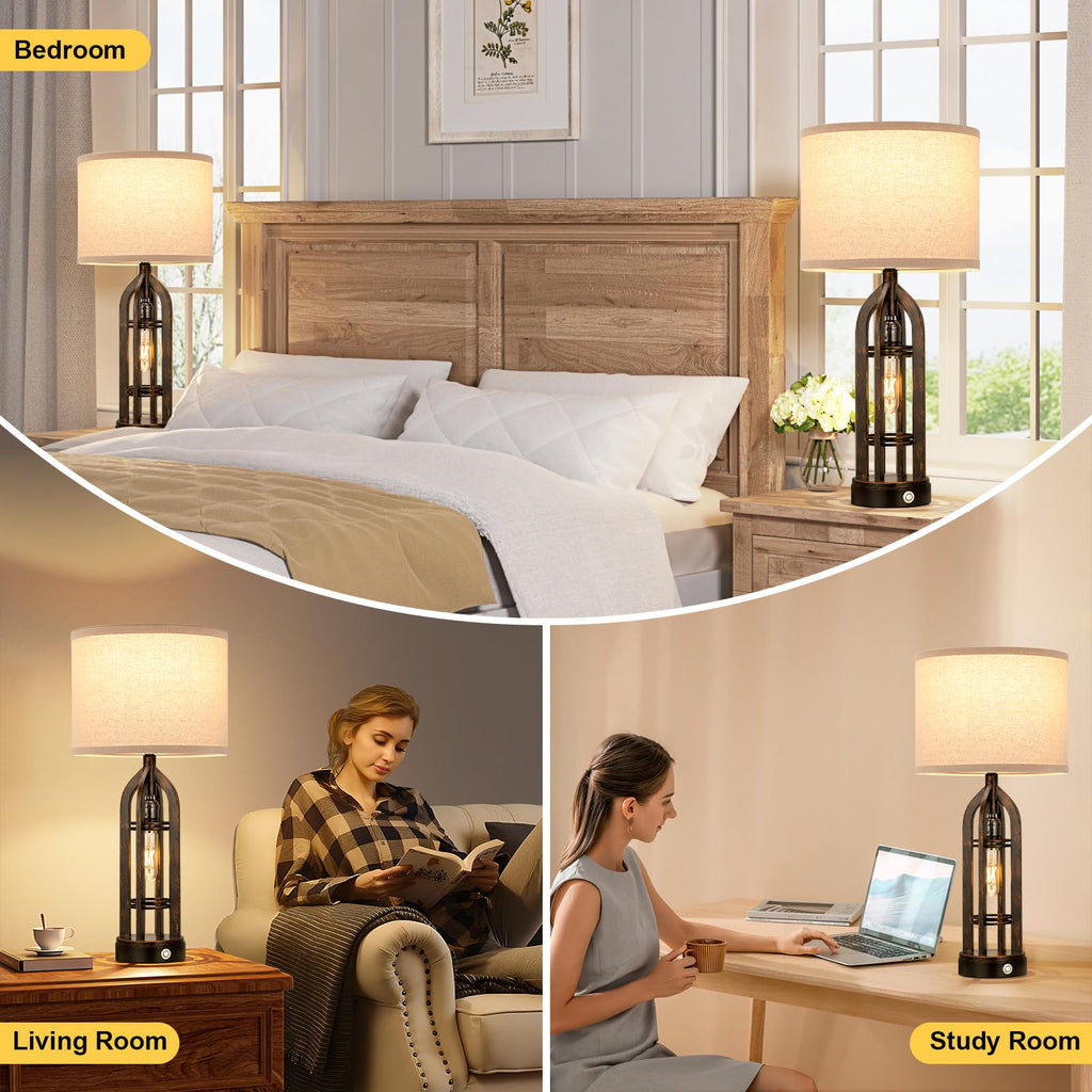Seealle Table Lamp for Living Room Set of 2 - Wood-Like Bedside Lamp for Bedroom with USB C+A & Outlet, Farmhouse Lamps for Night Stands, 3-Way Dimmable Touch Lamps for Living Room