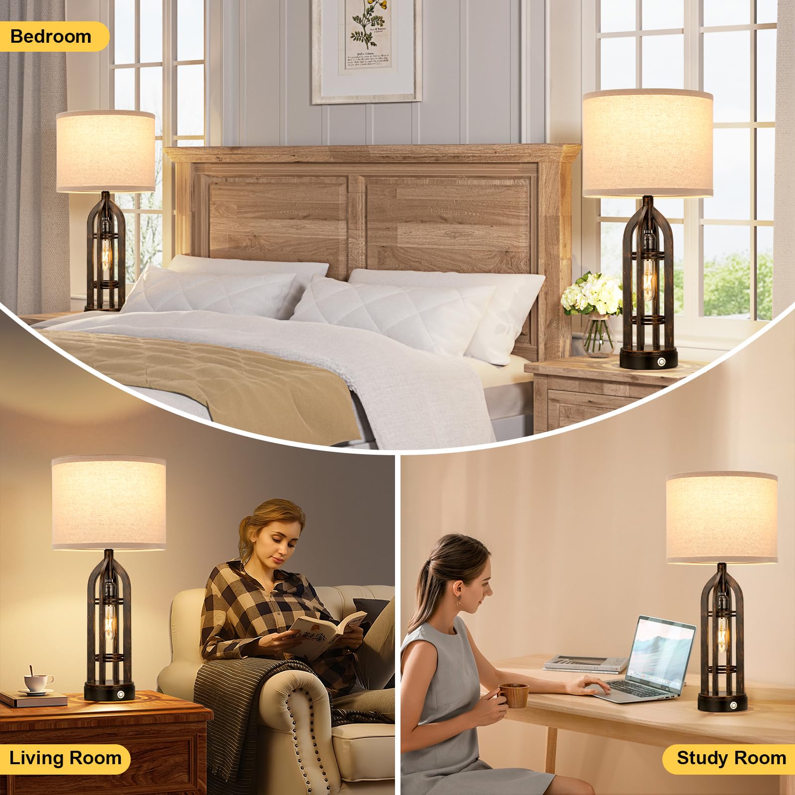 Seealle Table Lamp for Living Room Set of 2 - Wood-Like Bedside Lamp for Bedroom with USB C+A & Outlet, Farmhouse Lamps for Night Stands, 3-Way Dimmable Touch Lamps for Living Room