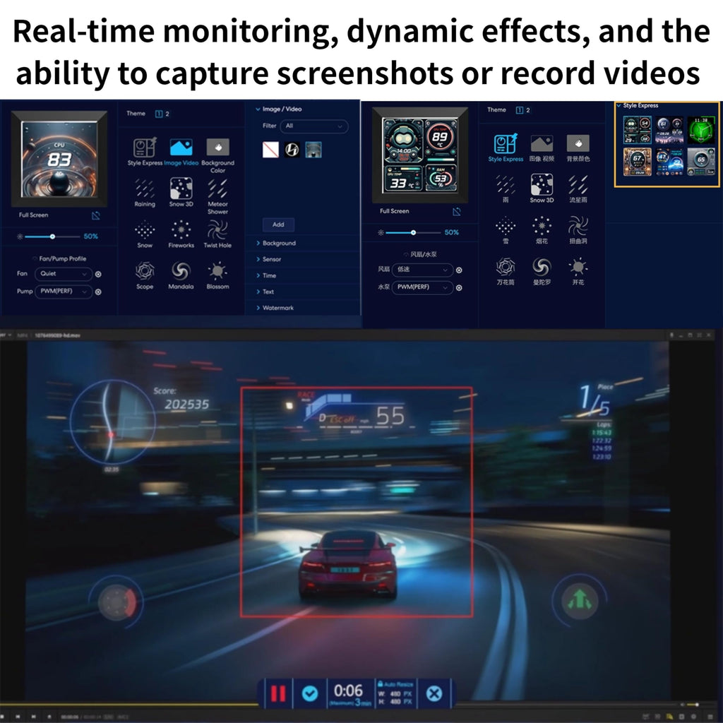 Lian Li Hydroshift LCD 360 Liquid Cooler - Flexible Side-Mounted Coolant Pathway, 2.88” LCD Screen - 480 x 480 Res. - Captured Screenshots or Recorded Videos - Fits Most PC Fans - Black (HSLCD36NB)